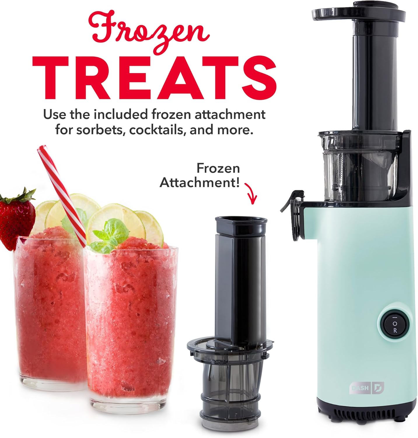 DASH Deluxe Compact Masticating Slow Juicer, Easy to Clean Cold Press Juicer with Brush, Pulp Measuring Cup, Frozen Attachment and Juice Recipe Guide - Aqua