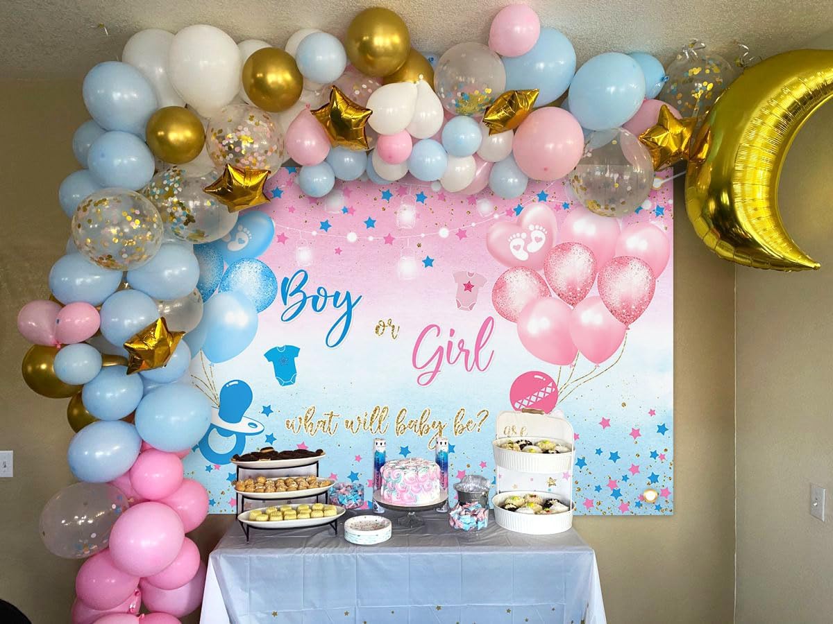 Avezano Gender Reveal Backdrop Boy or Girl Sign Banner Blue and Pink Stars Dots Balloon Theme Baby Gender Reveal Party Decorations Baby Shower Party Supplies
