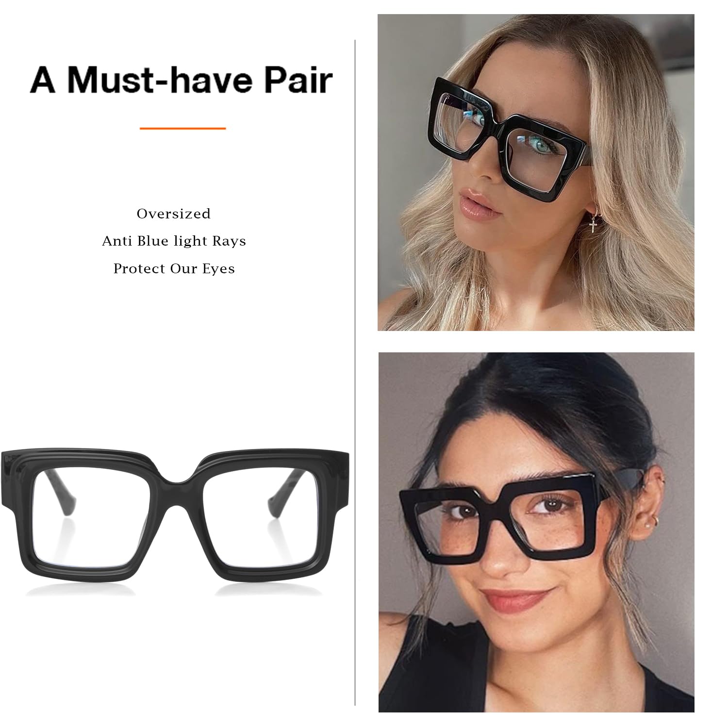 Onrtry Übergroße quadratische Blaulicht-Brille für Damen und Herren, klobiger großer Rahmen, Computer-Brille, nicht verschreibungspflichtige Brillen