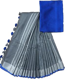 Women's Linen Slub Saree With Contrast Blouse Piece
