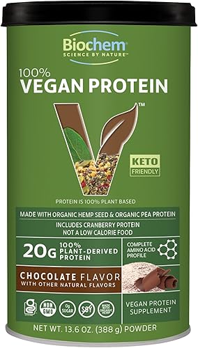 Biochem Proteína vegetal 100% vegana, chocolate, 11.4 onzas, fácil de digerible, amigable con KETO, aminoácido, arándano, semillas de cáñamo,