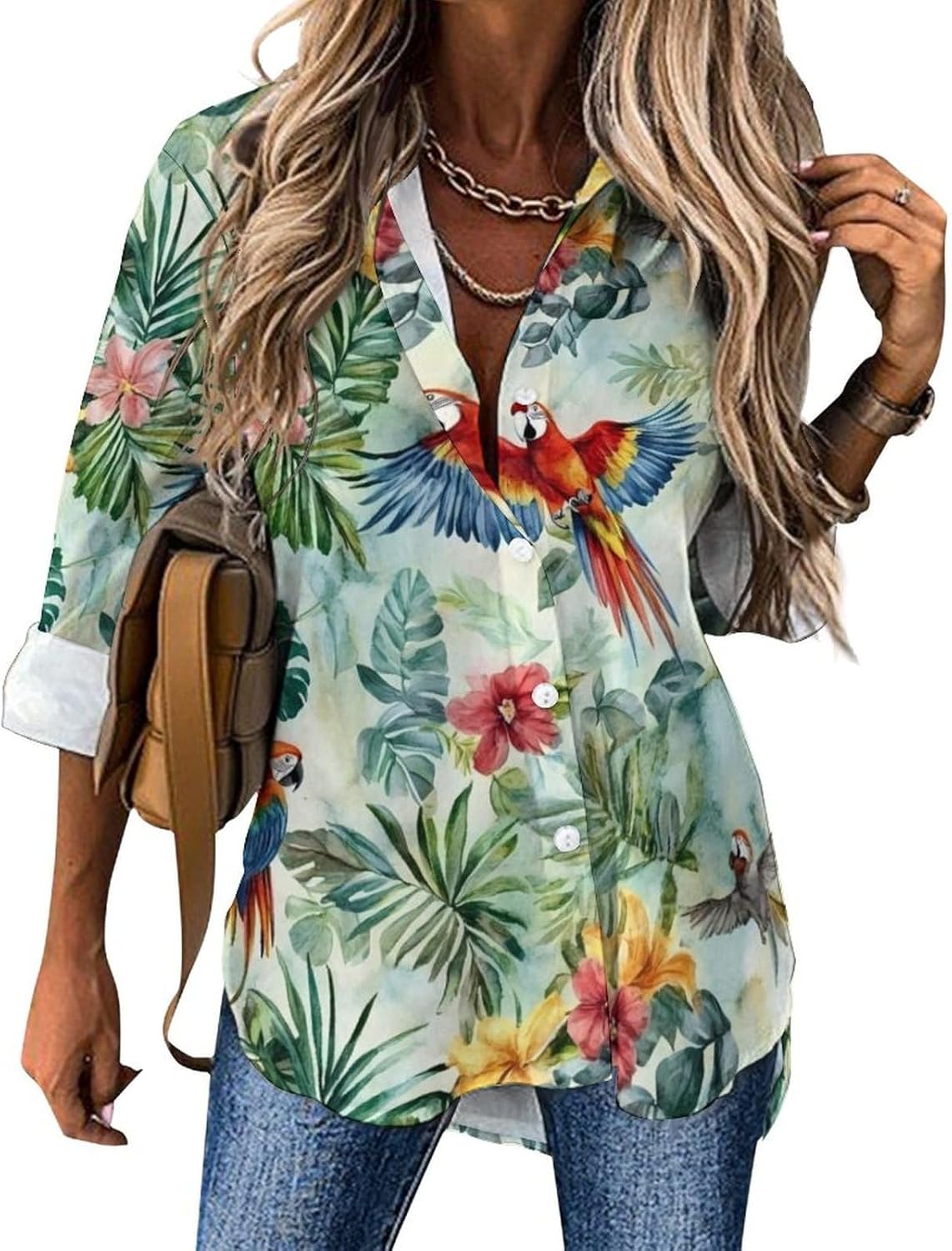 Vintage Jungle Animals Parrots Birds Casual Womens Long Sleeve Blouses Hawaiian Loose Button Down Shirts Tops Tees
