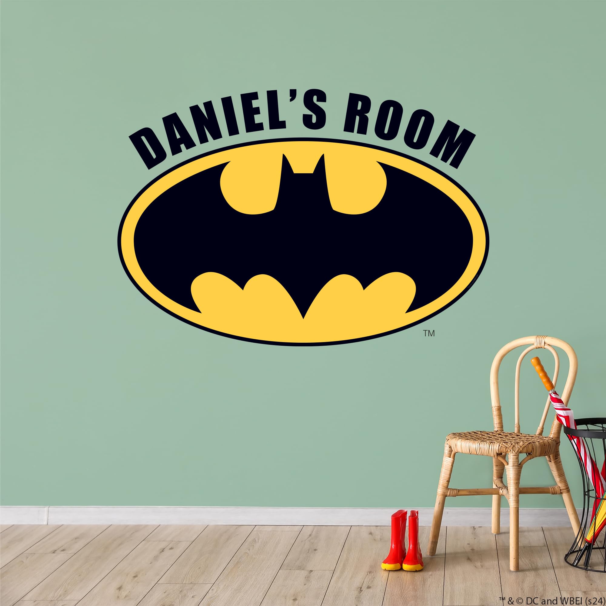 Themed Black Batman™ Wall Sticker - Logo And Personalised Name Wall Decal Dc Superhero Art (120Cm Width X 85Cm Height)