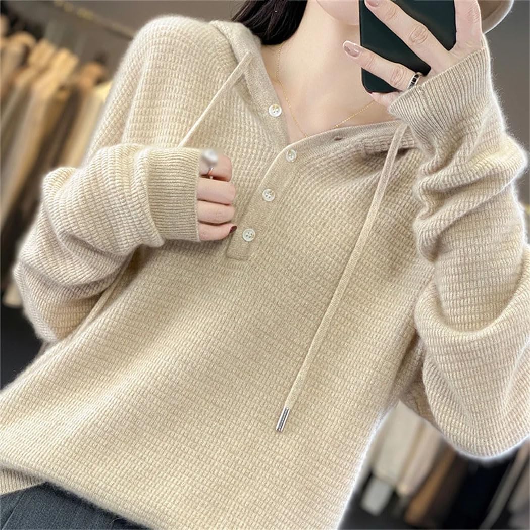 Women's 100% Merino Wool Sweater Long Sleeve Drawstring Buttons Knitted Hoodie Fashion Soft Warm Sweatshirt