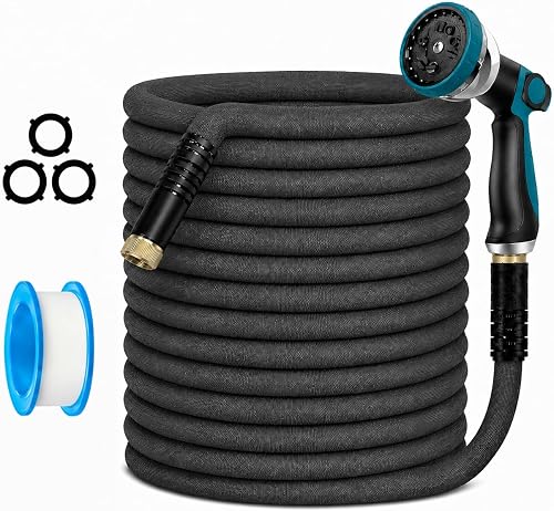 Garden Hose, Non-Expandable Water Hose with 10 Function Hose Nozzle, Lightweight Flexible Garden Hose, Kink & Tangle Free, Rust Proof Fittings for Yard, Lawn, Garden Watering (50FT)