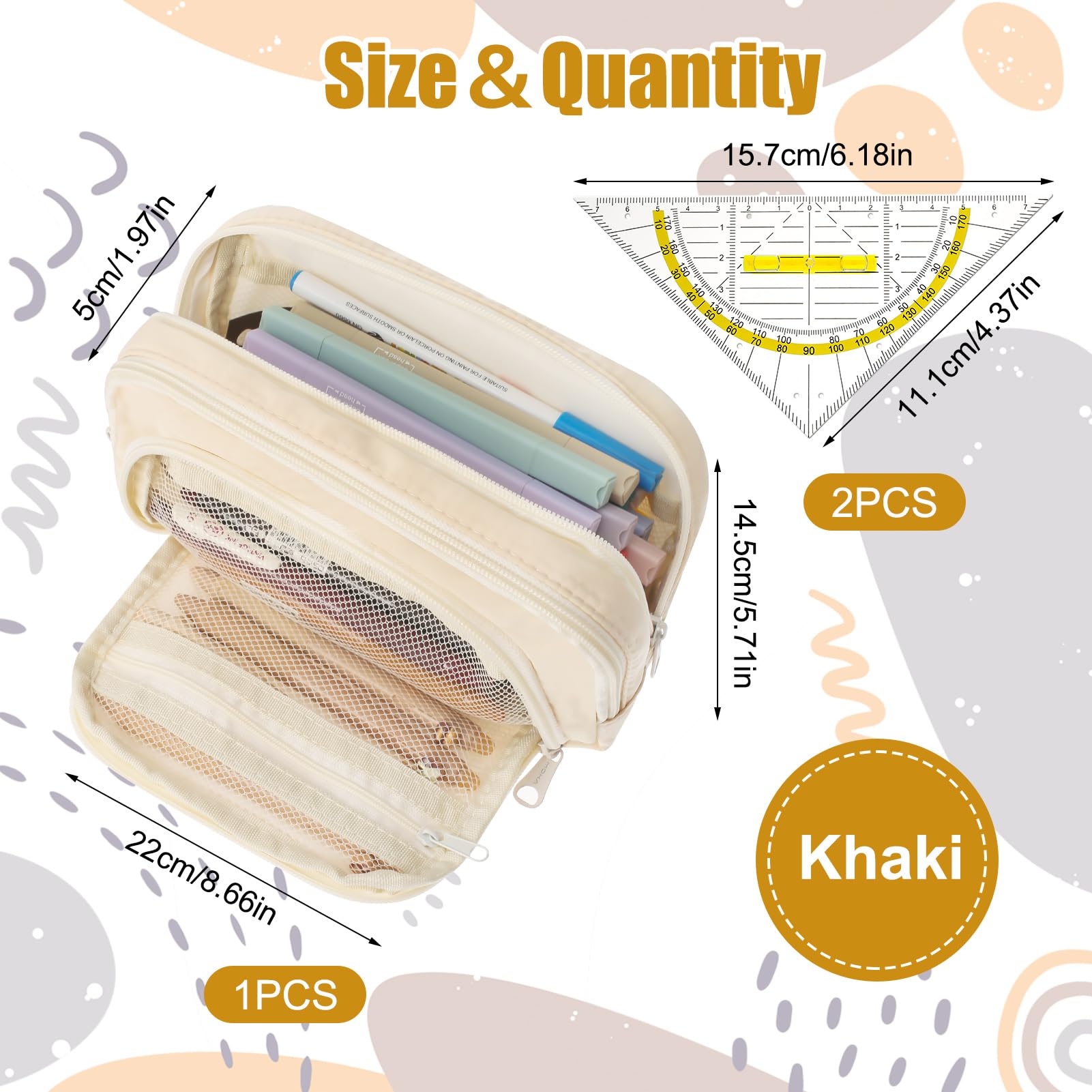 KATIMI Pencil Case Large Capacity, Big Pencil Case with 3 Compartments & 2 Protractors - Image 2