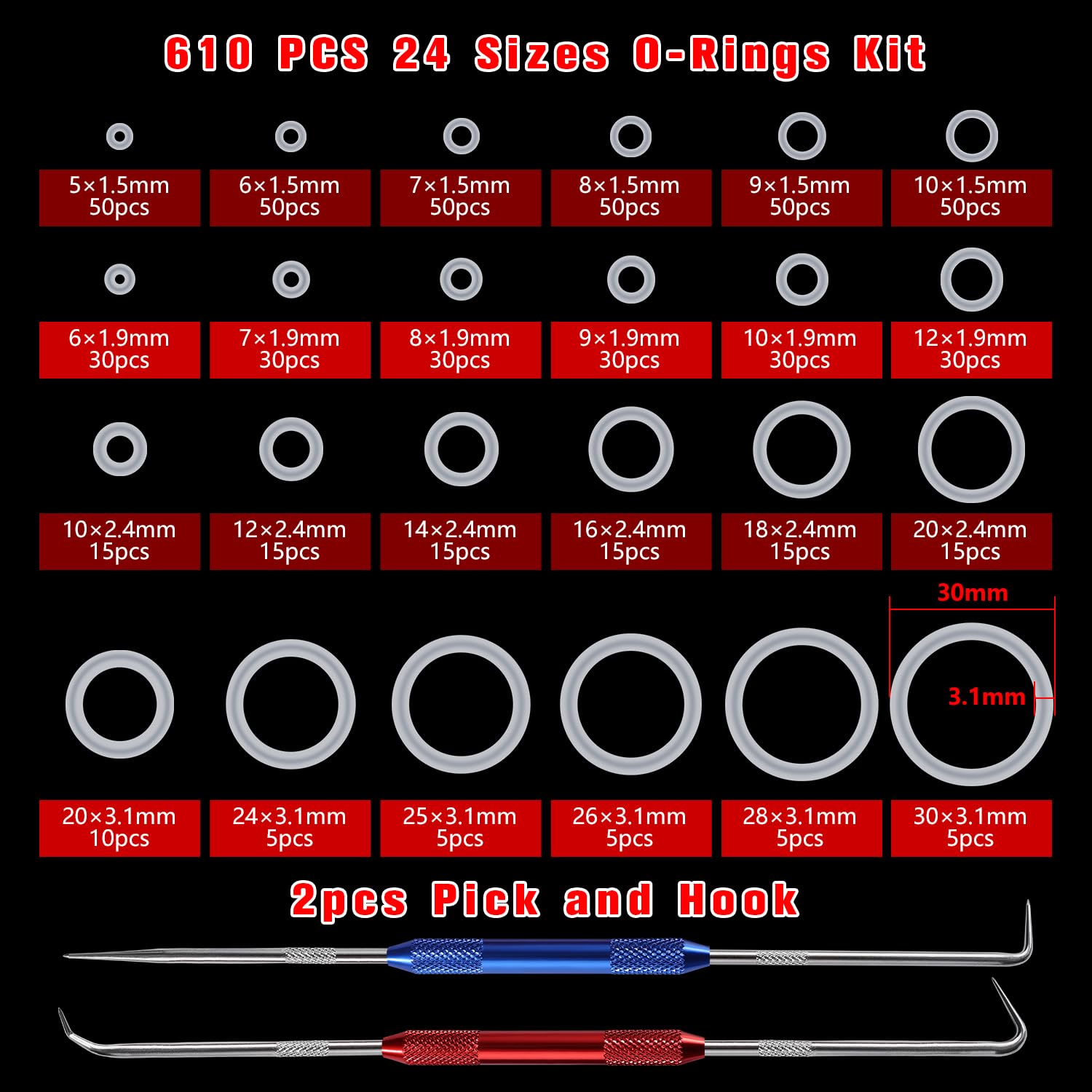 YIXISI 610 PCS 24 Sizes White O-Rings Assortment Kit, Silicone Metric O-Rings, with Double Headed Pick and Hook - Image 2