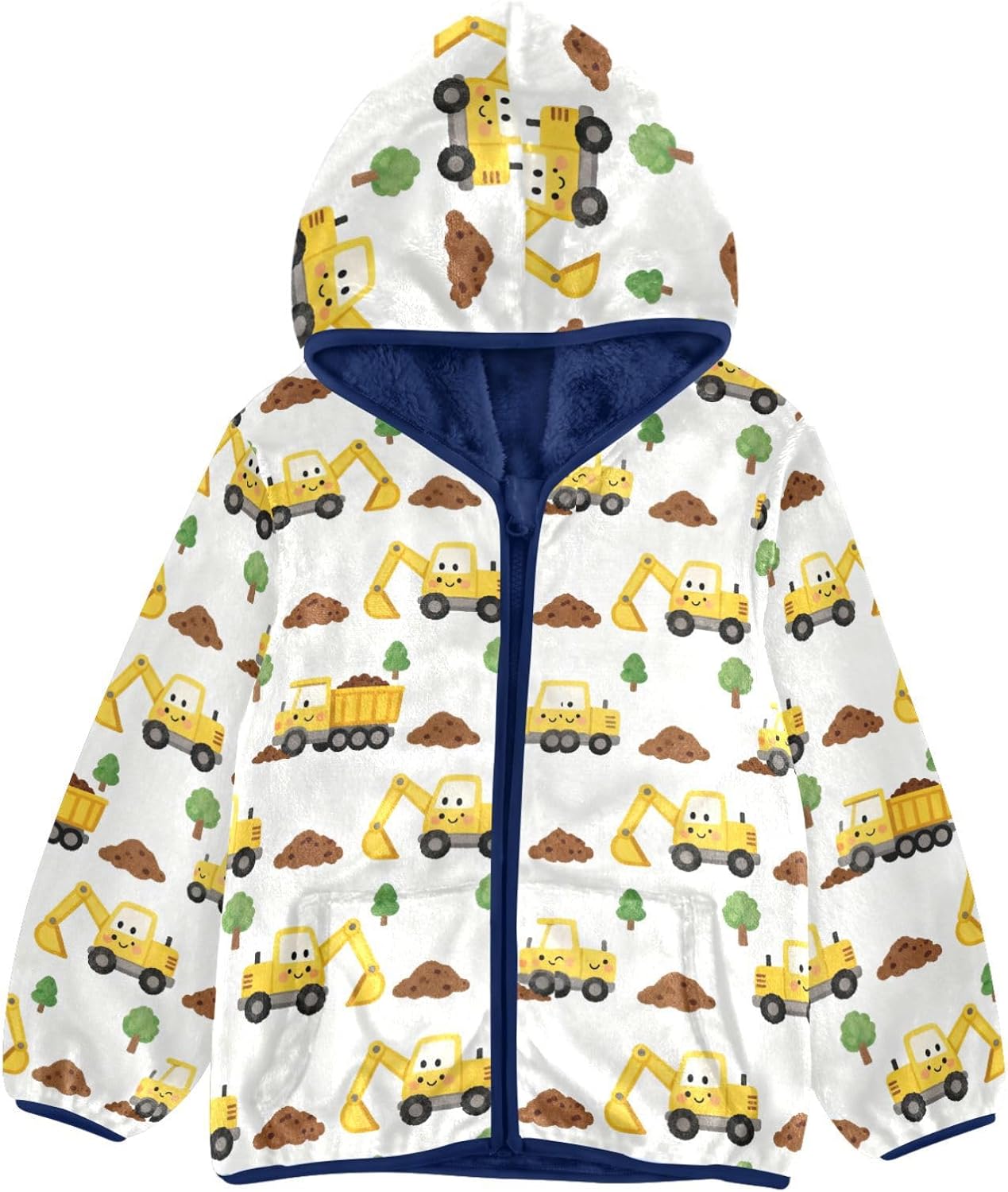 Yellow Construction Vehicles Pattern Toddler Winter Jackets Children's Coat Navy Blue Baby Boys Clothes