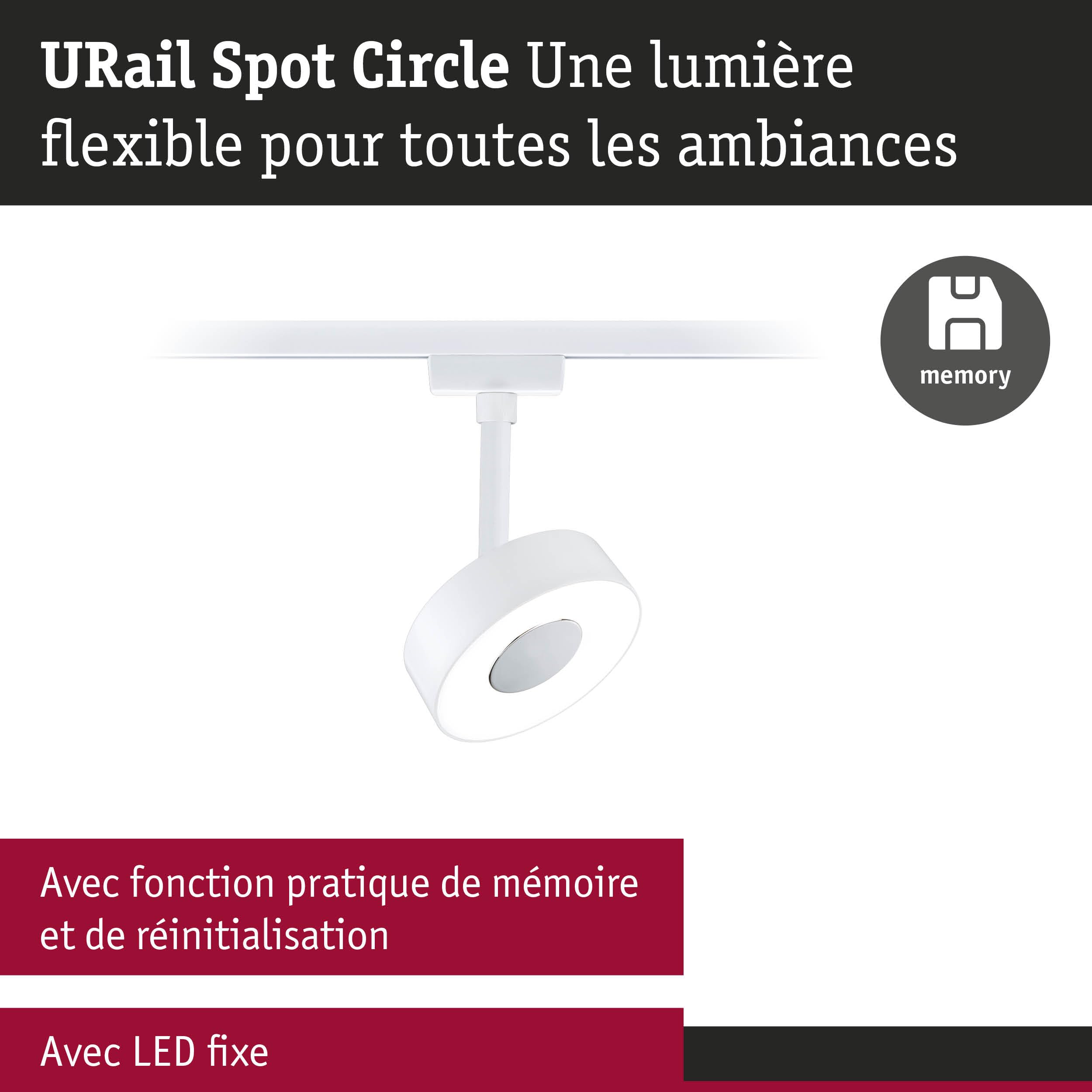 Paulmann 95704 URail Spot sur rail LED 3-Step-Dim Circle Spot individuel 220lm 5W 4000K gradable 230V Blanc signal