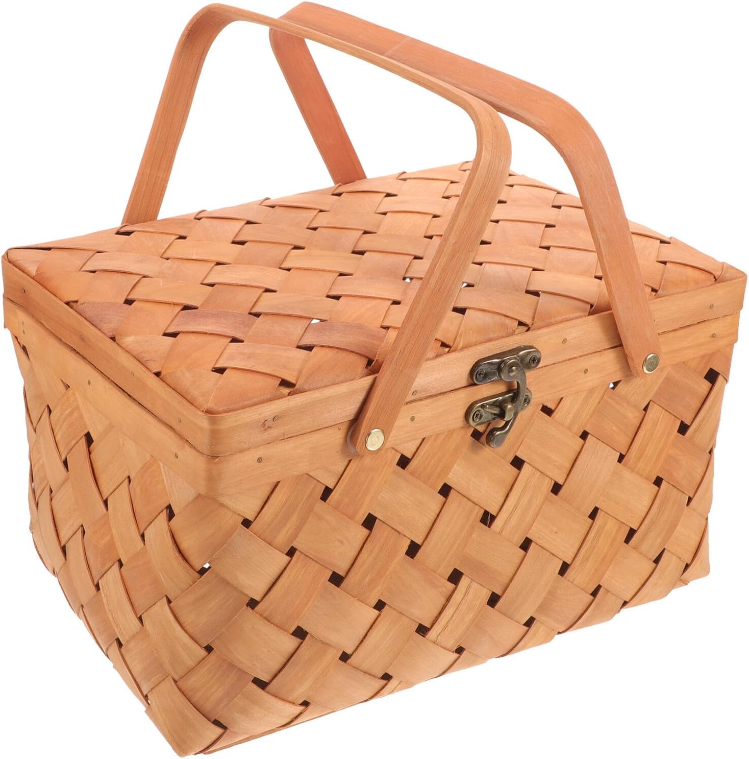 Beavorty Vintage Woven Picnic Basket with Lid and Handle, Multipurpose Fruit and Snack Storage Basket, 32x22x18cm Brown Wooden Outdoor and Home Organizer