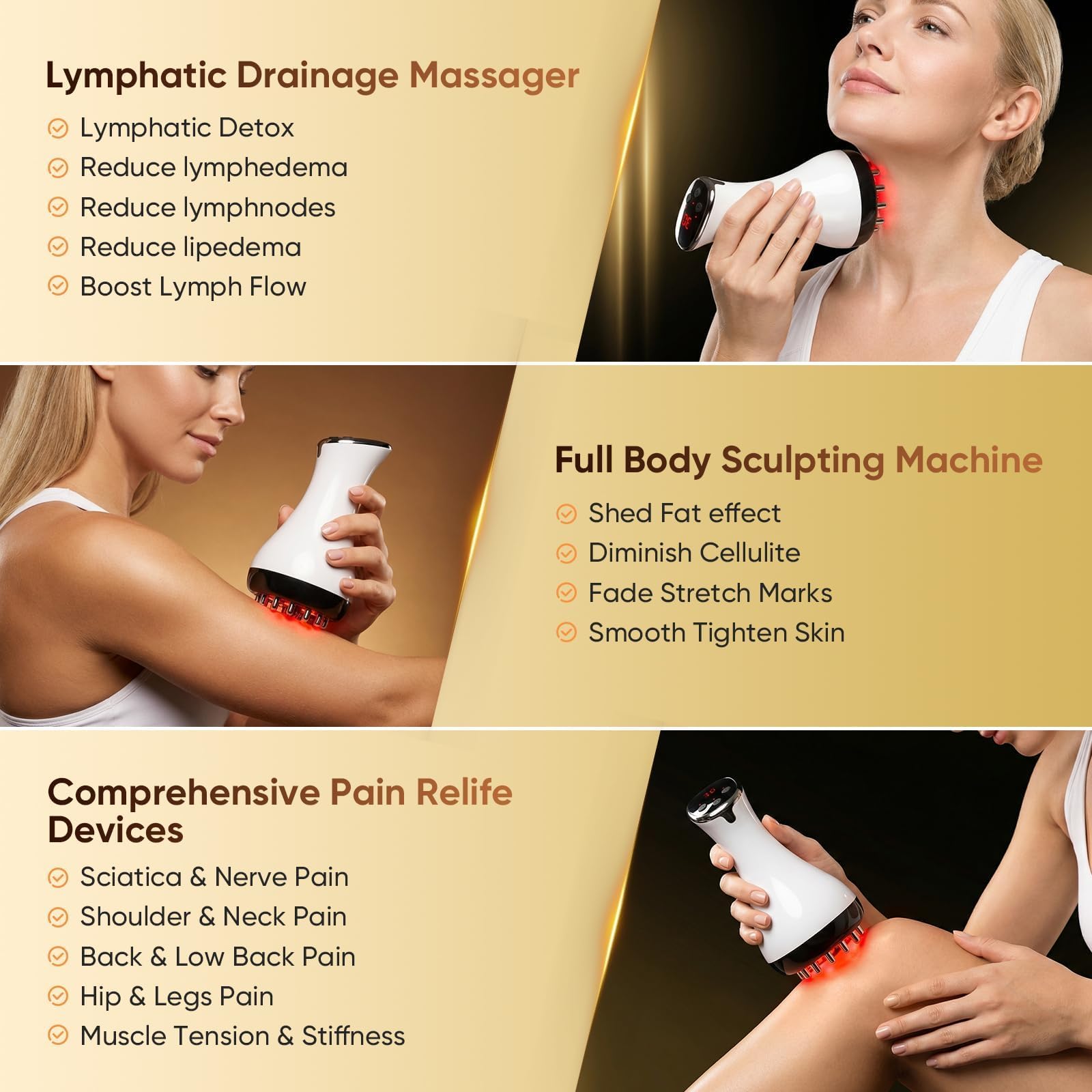 Massaggiatore per drenaggio linfatico, strumento per massaggio anticellulite e macchina per scolpire il corpo con microcorrente a 30 livelli, calore leggero e vibrazione per gambe, braccia e pancia