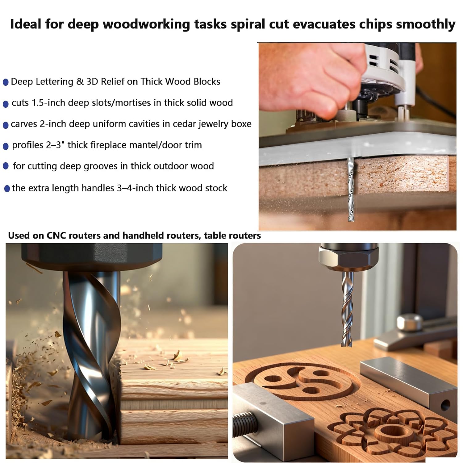 Extra Long 4 Inch Solid Carbide CNC Spiral Router Bit, 1/4 Inch Shank, 1/4" Dia, Up-Cut, for Deep Wood Cutting, Mortise, Carving, Grooving & Profiling