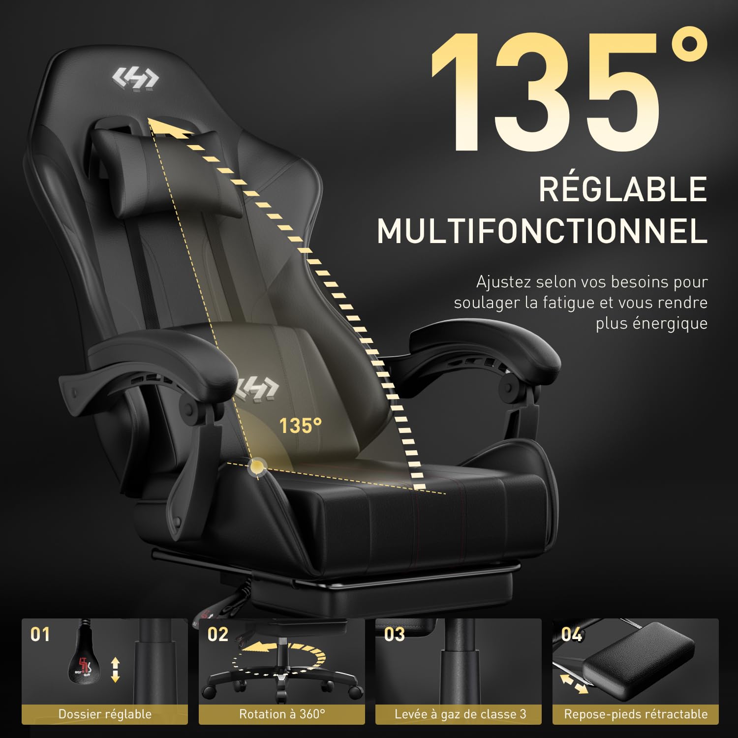 HLFURNIEU Chaise Gaming Ergonomique avec Support Lombaire, Noir
