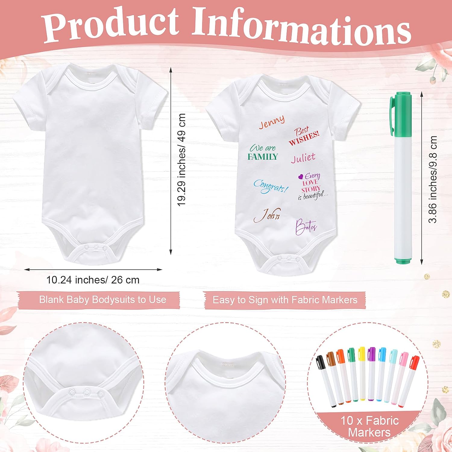 Qunclay 12 Pcs Baby Shower Game Decor Bodysuit Sign Gift,Floral image 3