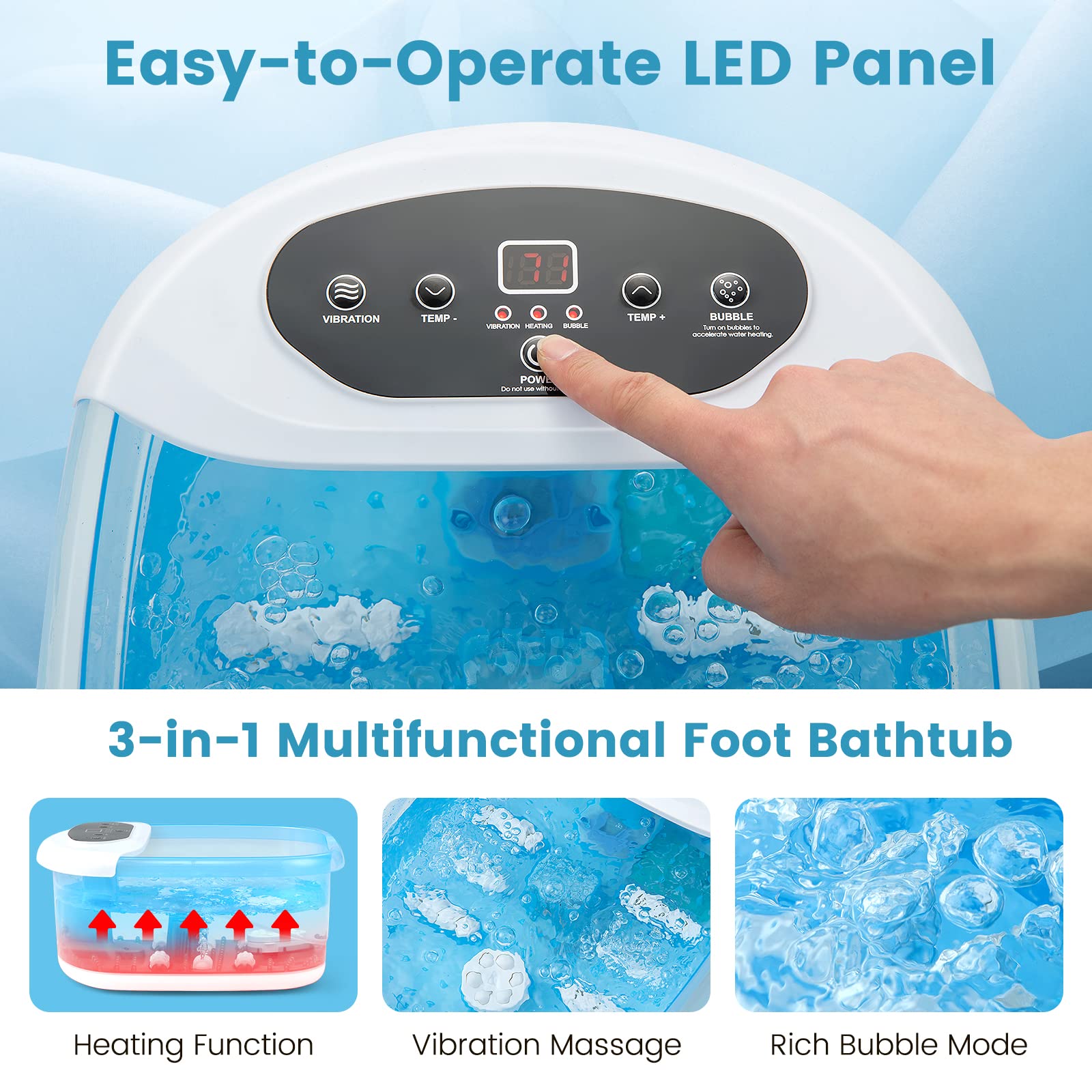 RELAX4LIFE - Baño de pie masajeador, baño de masaje con pies de vibración con burbujas, temperatura ajustable 35-46 ℃, piedra de pedicura, perlas de masaje extraíbles, apagado automático para, Azul