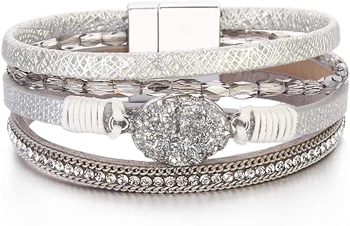 FANCY SHINY - Pulsera de cuero de estilo bohemio con cierre magnético y cuentas de cristal, regalo para mujeres, adolescentes y niñas