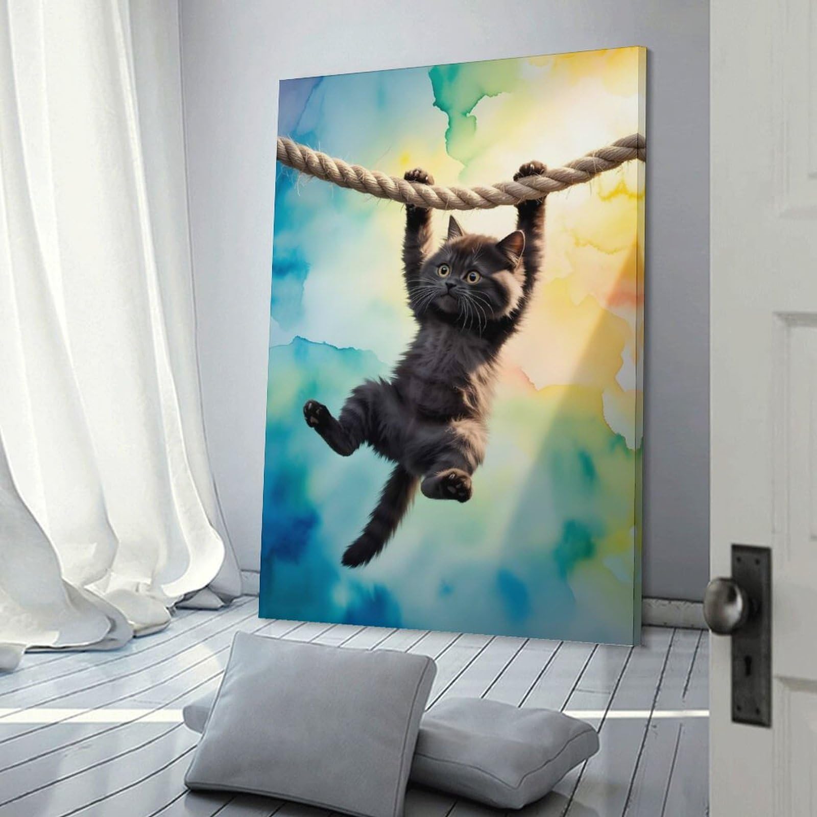 Junmoney Kitten Hanging on Rope Watercolor Background Decorative Canvas Print, 12x18inch(30x45cm), for Gallery Wall Decor And Room Displays, Wall Decor Suited to Curated Displays