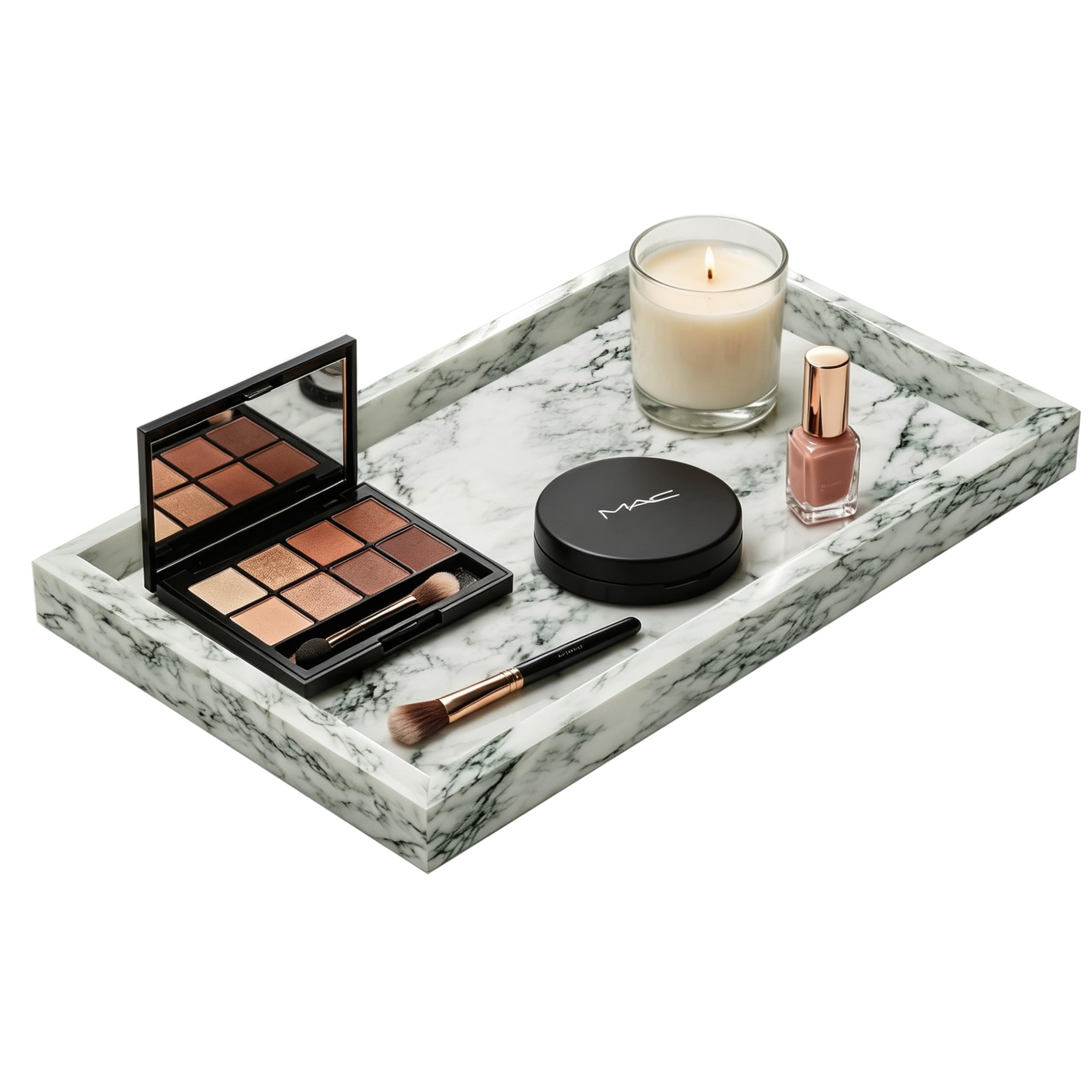 Decorative Rectangular Marble Tray, 30 x 20 x 3 cm, Green Texture | Bathroom Trays with Non-Slip Mat, Cosmetic Tray with Texturing Tray, for Keys, Perfume, Jewellery
