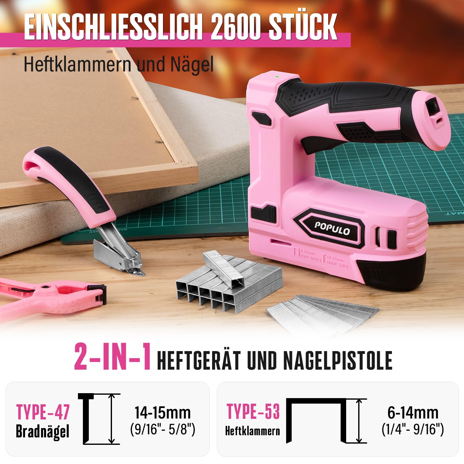 POPULO Akku Tacker, 2-in-1 Lithium-Ionen-Heftgerät, 4V Nagelgerät Set Mit Ladekabel, 2600 Heftklammern & Nägel, Power-Tacker Inklusive Nagelzieher für Bastelarbeiten, DIY und Polsterarbeiten, Rosa