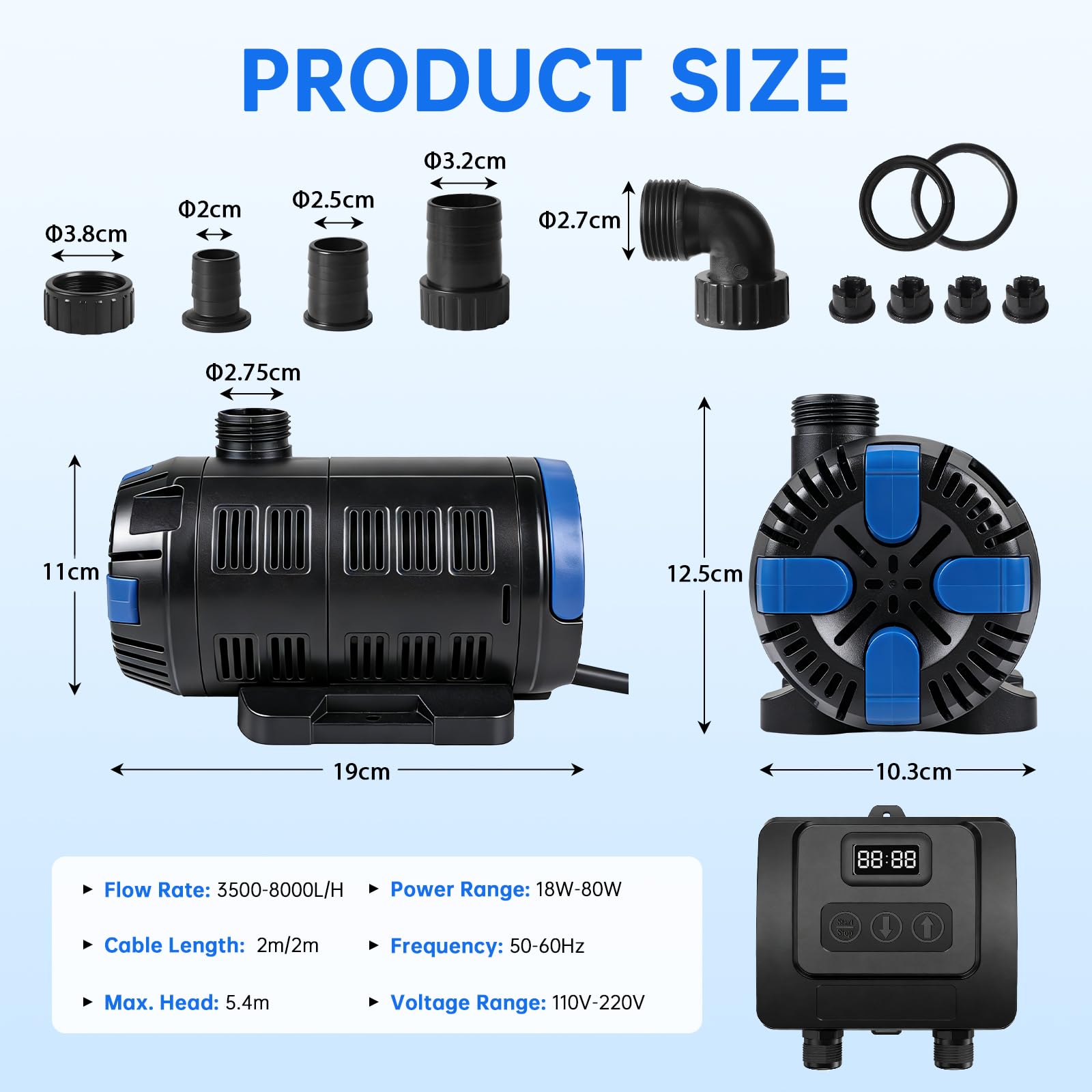 EXLECO Pompe à jet réglable pour extérieur, 8000 l/h, 18 W-80 W, pompe à jet réglable avec contrôleur multifonction, pompe de filtration pour bassin de jardin, fontaines