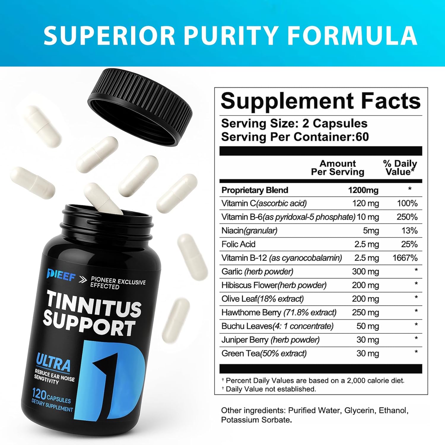 Tinnitus Relief for Ringing Ears, 120 Capsules Tinnitus Support Supplement, Promotes Ear Comfort & Hearing Wellness for Men and Women, 60-Day Supply