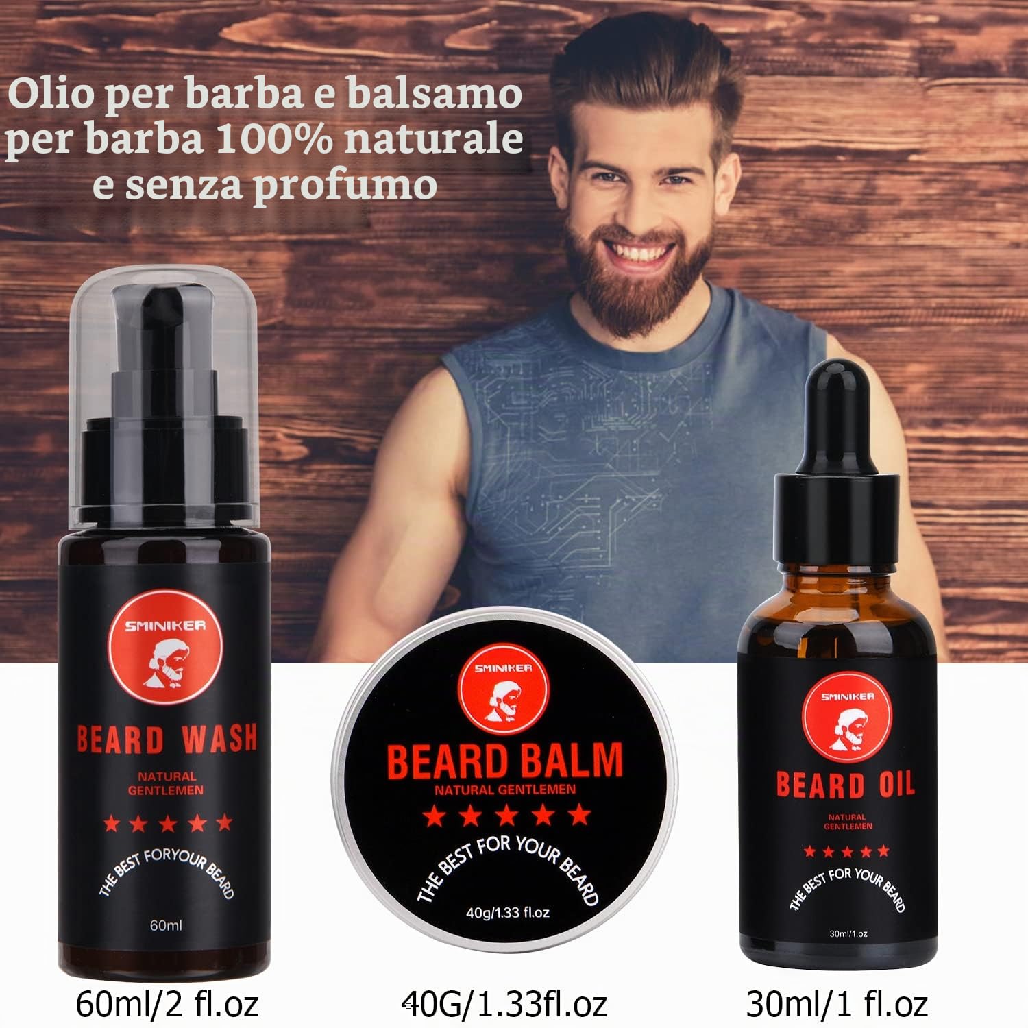 Kit Barba Uomo con Olio per Barba, Crema per Barba, Detergente per Barba, Spazzola per Barba, Pettine per Barba, Forbici per Barba Set Barba Uomo e Accessori Barba