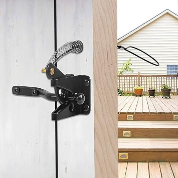 Self Locking Gravity Gate Latch, Adjustable Cable Pull Wooden Metal Fences, Automatic Spring Loaded Security Latch, Black Carbon Steel, Inward Outward Swing