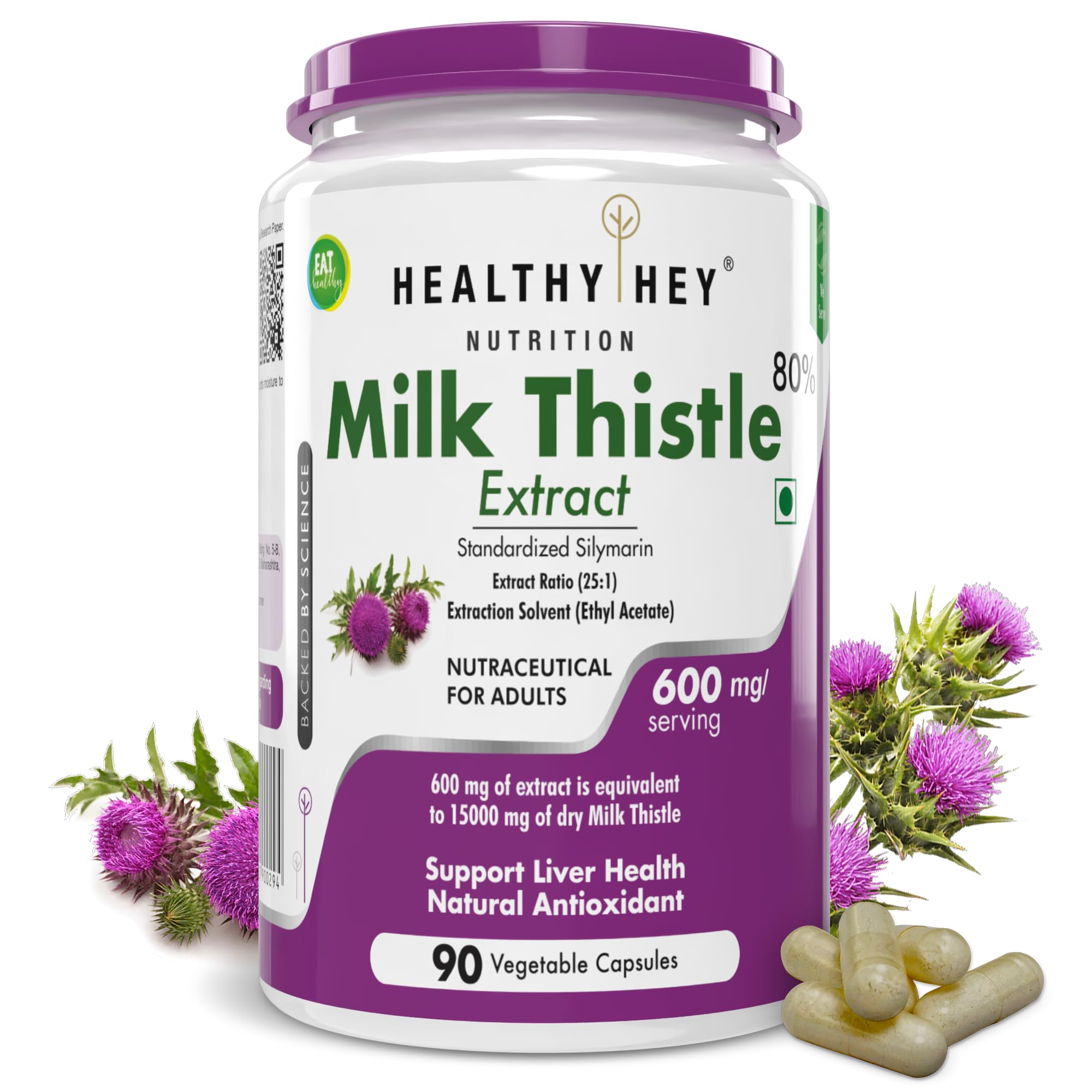 Healthy Hey Nutrition Milk Thistle Capsules for Liver Health - High Strenght -Extract - 90 Veg. Capsules