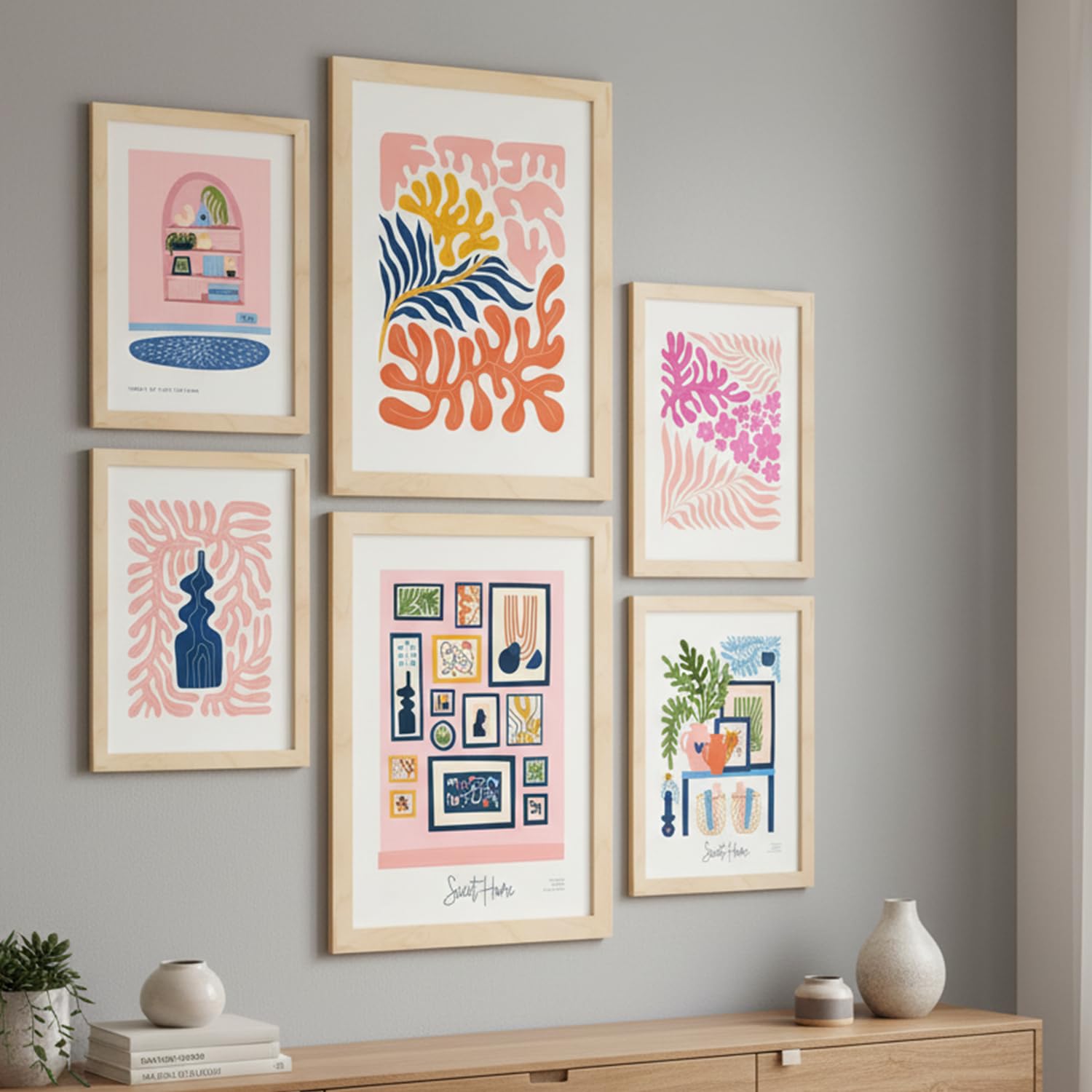 Nacnic Set mit 6 minimalistischen Postern in Pastellfarben. Süßes Zuhause. Drucke von Landschaften und Natur für Innenarchitektur und Dekoration. A3 & A4 Holzfarbe Rahmen.