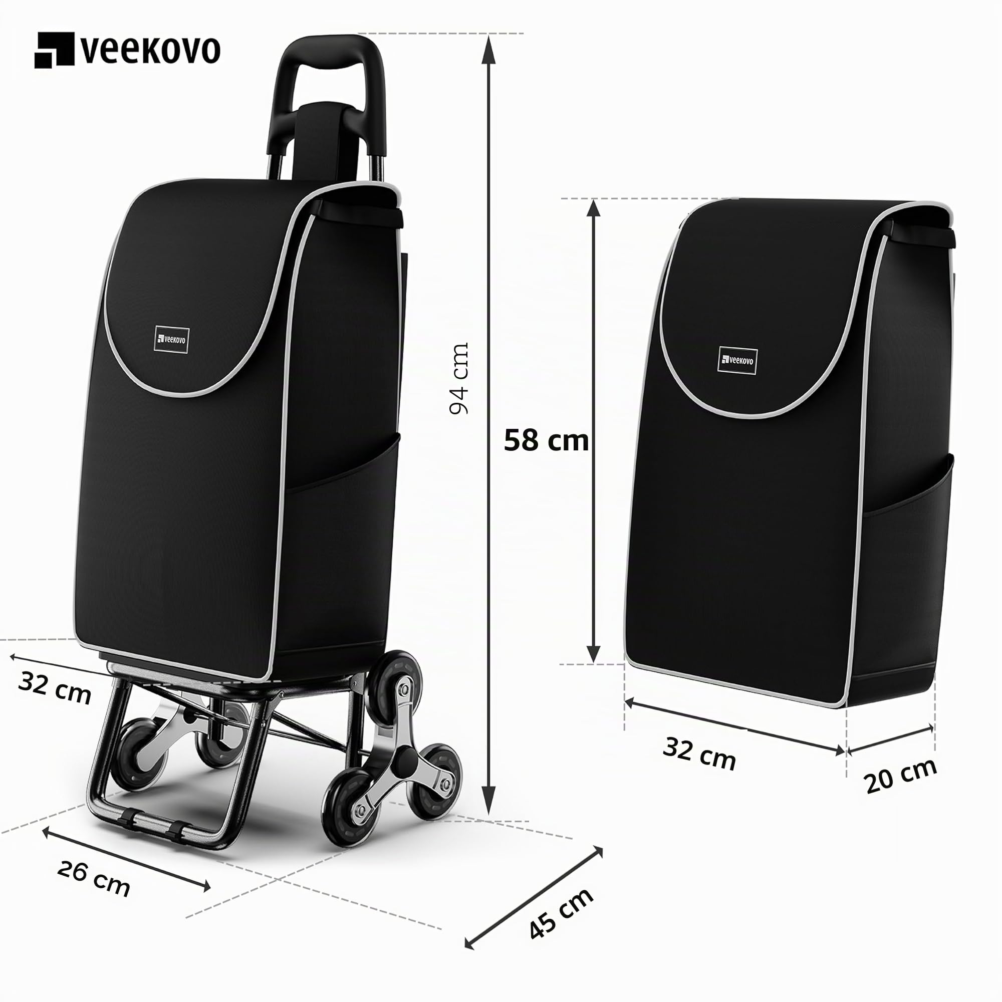Einkaufswagen Klappbar 56L, Einkaufstrolley Treppensteiger, Trolly Einkaufswagen Klappbar, Hackenporsche mit 6 Räder, Wasserdicht, Bis 50 kg Traglast, faltbar & abnehmbar (Schwarz, 2 Stück)