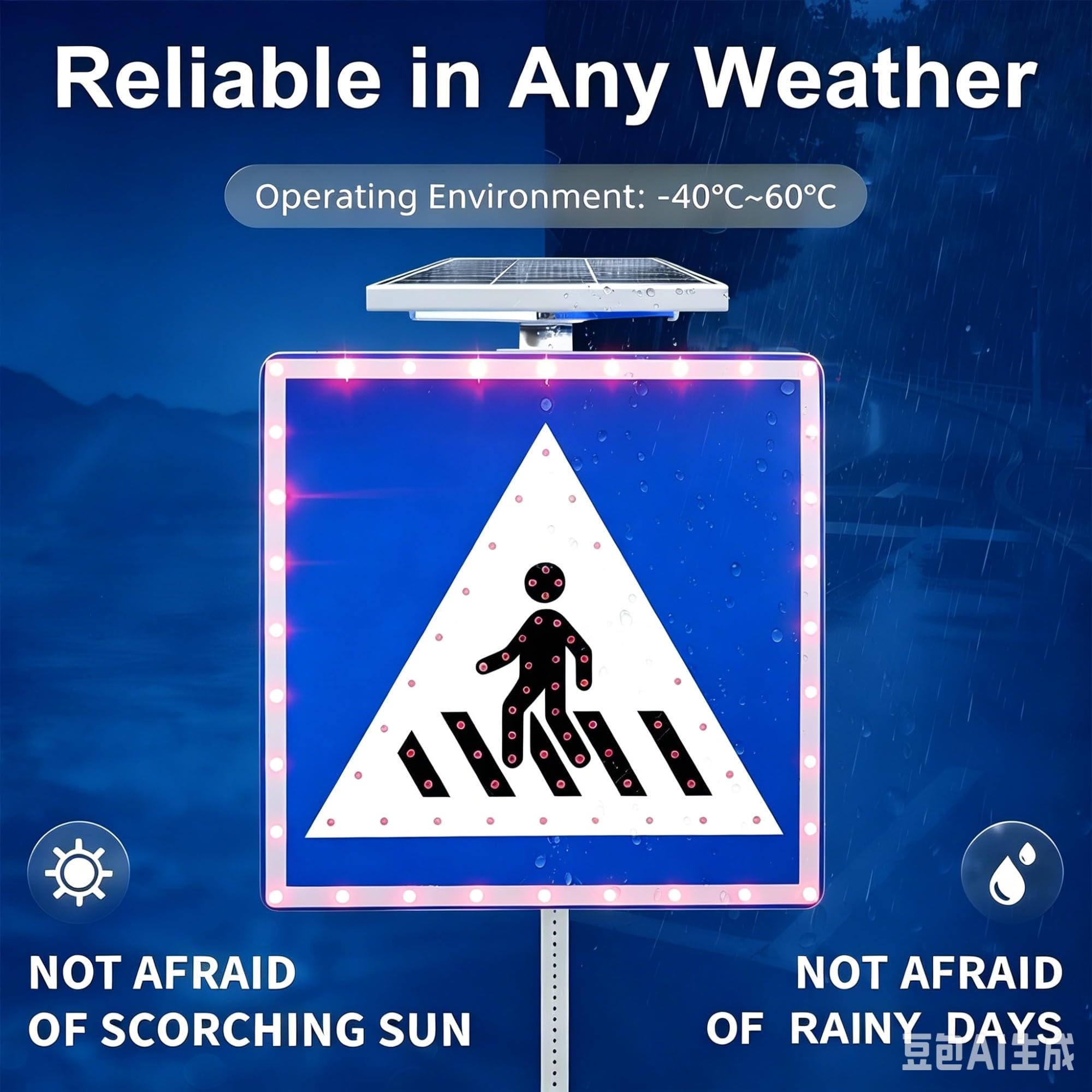 Señal de advertencia de tráfico for cruce de peatones con luz LED solar, aluminio reflectante IP65, visibilidad de más de 1000 m for seguridad de peatones, 24"/30"(30in)