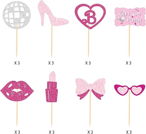 Miniatura 2 de NANAGALI 24 adornos de princesa para cupcakes  NO DIY  Rosa intenso Let's Go Party Lápiz labial Kiss Tacones altos Pajarita Disco Cupcake Toppers