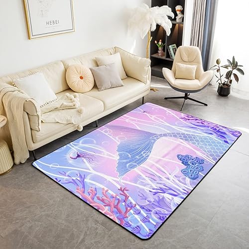 Erosebridal Alfombra de cola de sirena para sala de estar, alfombras lavables Kawaii de animales marinos náuticos de 3 x 5 pies, alfombra de escamas