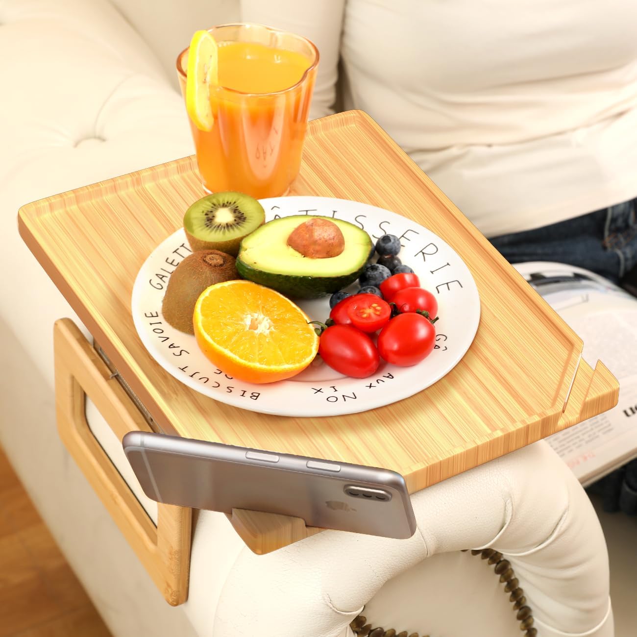 Smatdecis Couch Arm Tray Table Sofa Arm Clip, Armrest Tray Table Suitable for Home Drinks/Fast Food/Fruit Etc, Large Size Multi-Function Natural(Dual Phone/Tablet Holder)