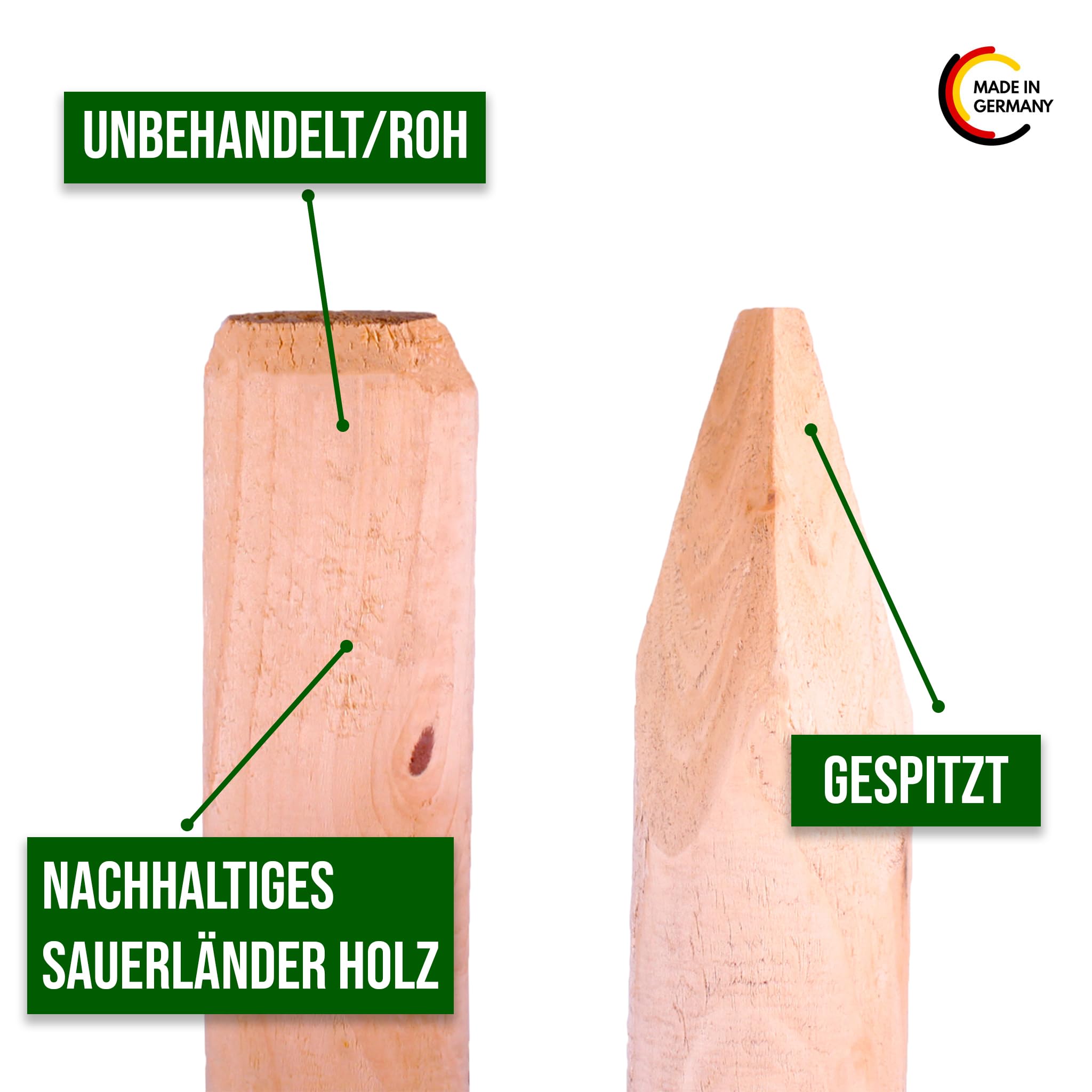 10er Set Rundholzpfähle Ø 10 cm naturbelassen | 100/125/150 cm Länge | unbehandelte Zaunpfosten aus massivem Nadelholz | ökologisch, stabil & nachhaltig | Garten, Weide, Forst, Hochbeet (150 cm Länge)