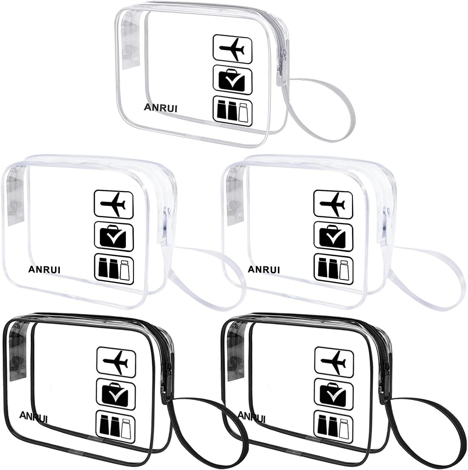 ANRUI 5pcs Same Size TSA-Approved Clear Travel Toiletry Bag With Handle Strap, Airline Kit 3-1-1 Clear Liquids Toiletries & Cosmetics Organizer Carry-On Luggage for Women and Men-BLACK CLEAR GREY