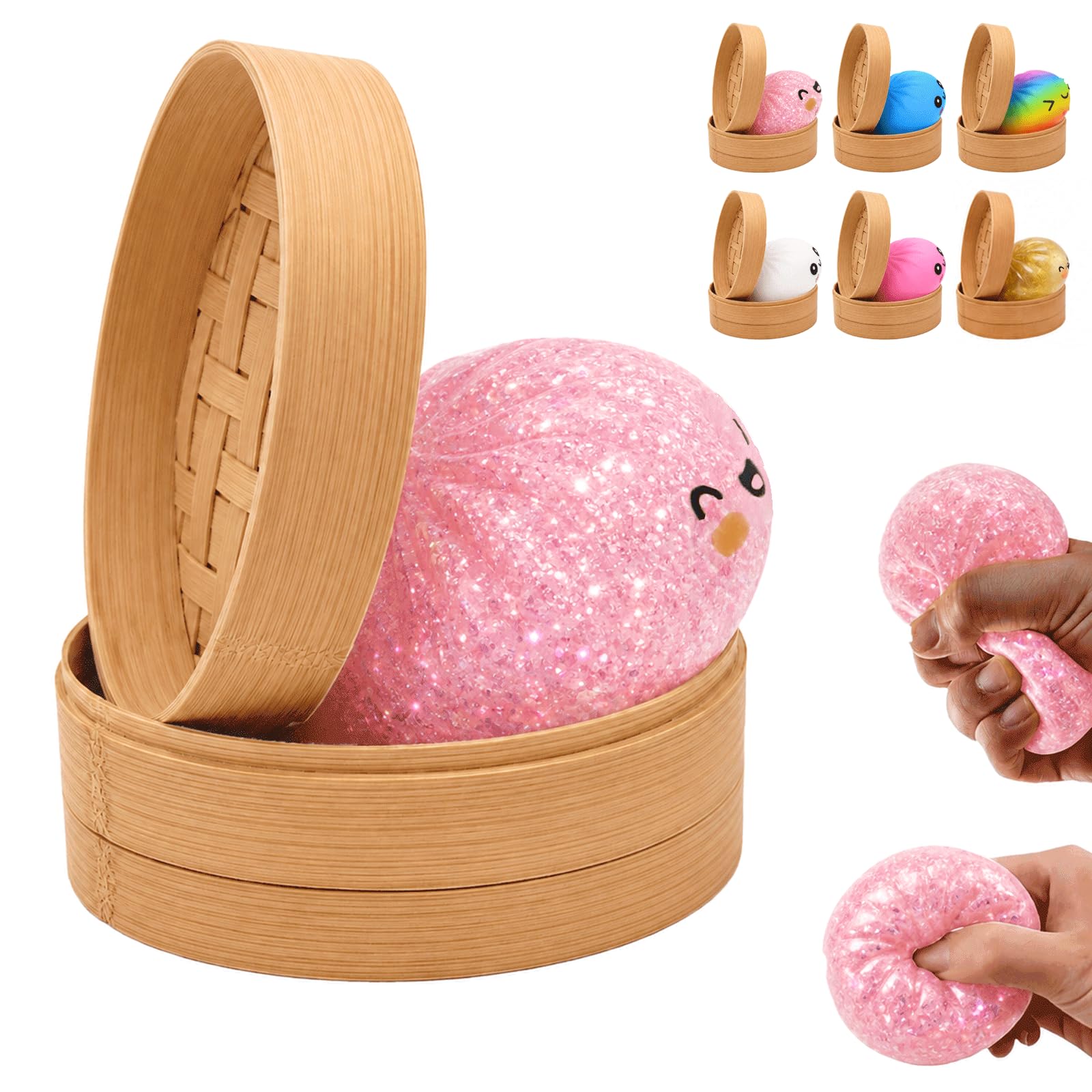 Dumpling Squishy For Adults, Bao Bun Fidget Real Office Desk Decor, Squeeze Ball for Anxiety Stress Relief, Surprise Gift (Glitter Pink)