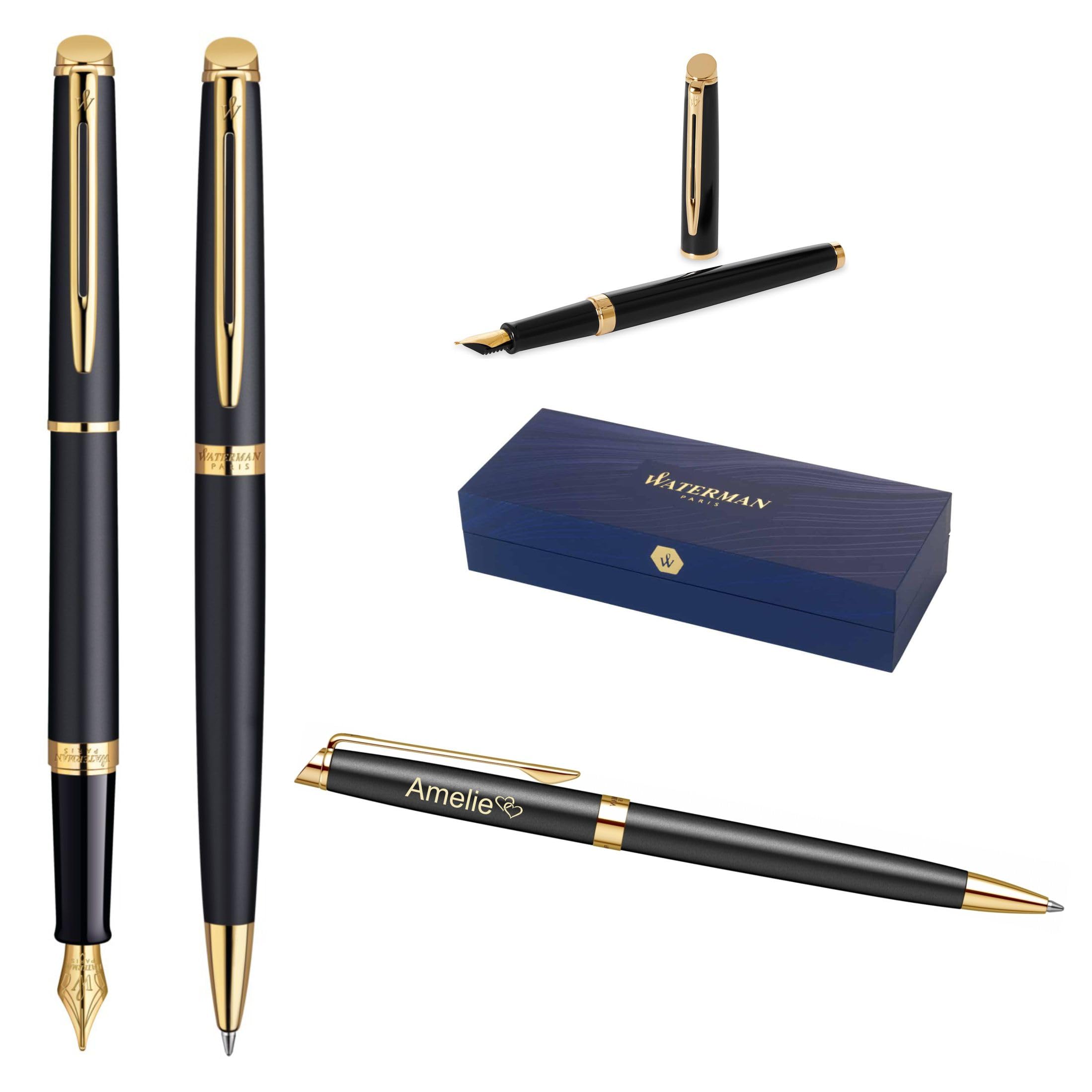 Waterman Hémisphère Ensemble stylo plume et stylo à bille avec gravure, kit d'écriture de luxe, personnalisable, cadeau d'anniversaire, d'anniversaire et de Noël, noir mat G.T