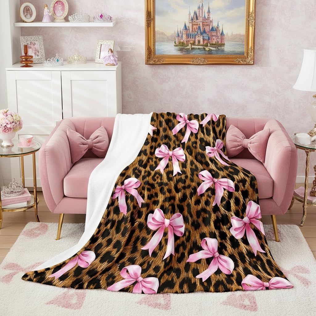 Castle Fairy Bowknot Leopard Fleece Blanket Girly Princess Pink Bow Blanket for Kids Teens Present Cheetah Fur Print Throw Blanket Western Country Queen 90x90 Inch Living Room Decor Flannel Blanket