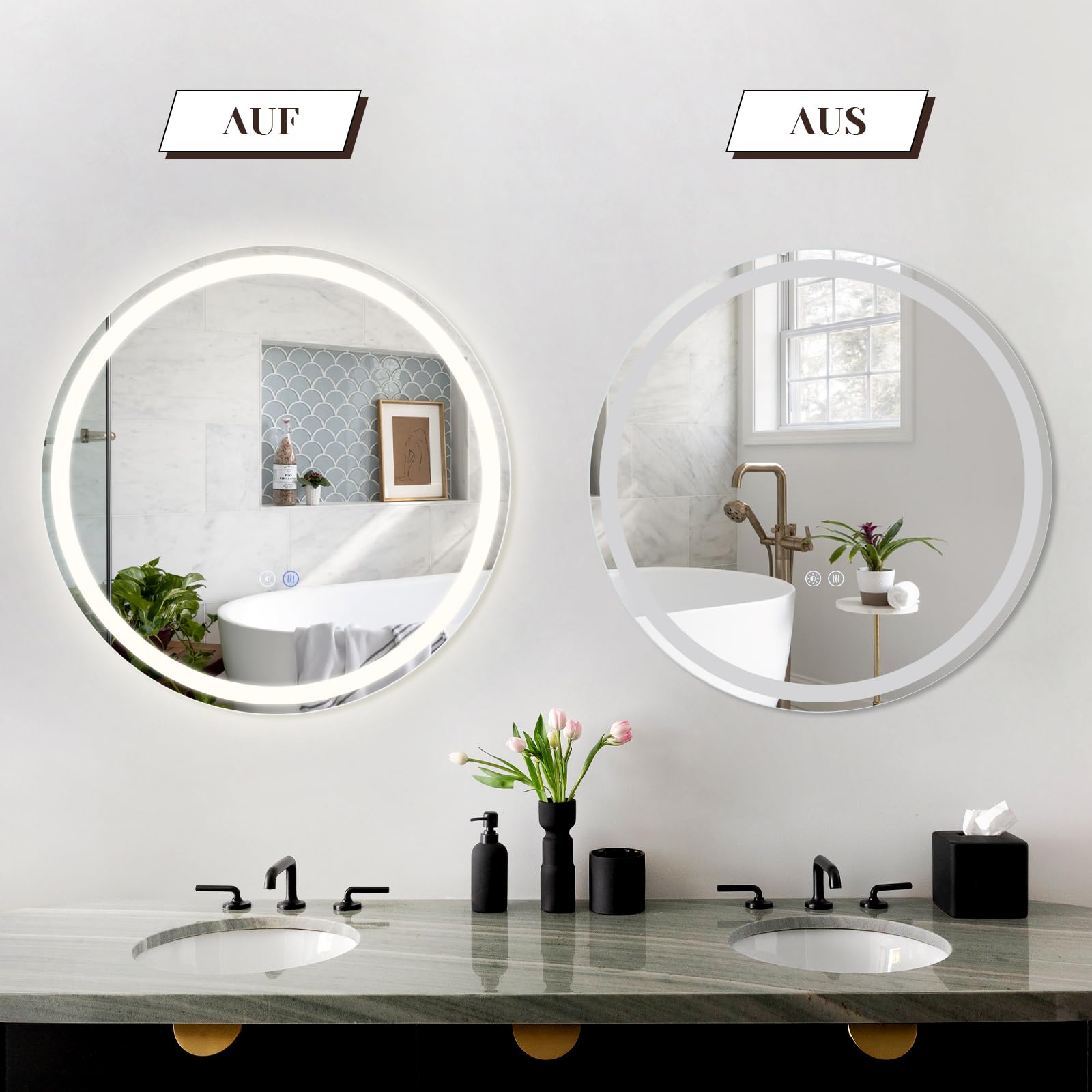 Rund Badspiegel Mit Beleuchtung - LED Bad Wand Spiegel Badezimmer Wandspiegel Mit Licht, IP44 50 cm Runder Badezimmerspiegel Bathroom Mirror Mit Beleuchtet und Entfogger-Funktion