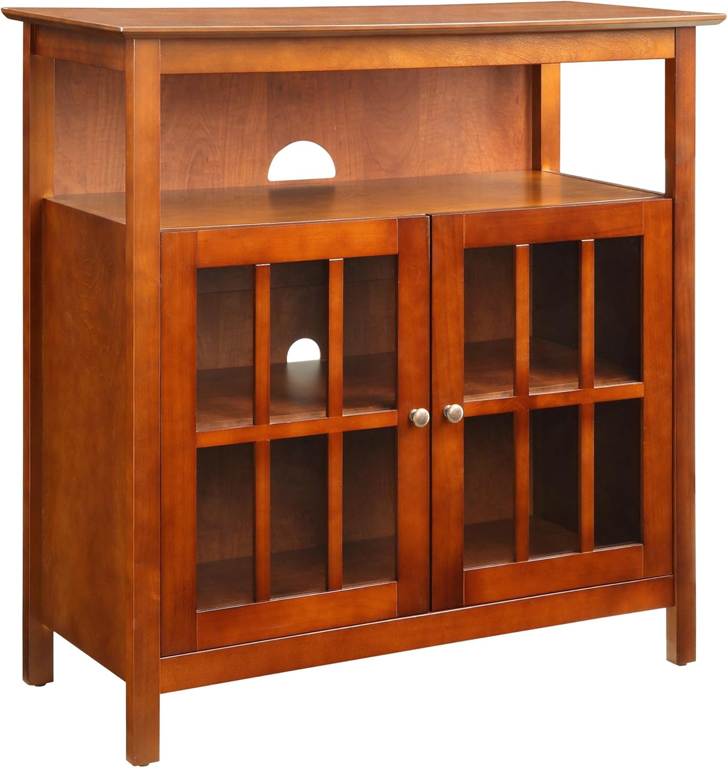 Pemberly Row TV Stand Entertainment Console, 36 in x 15.5 in x 35.5 in, Cherry Wood Finish, Open and Enclosed Storage, Easy Assembly, Living Room or Bedroom Media Center