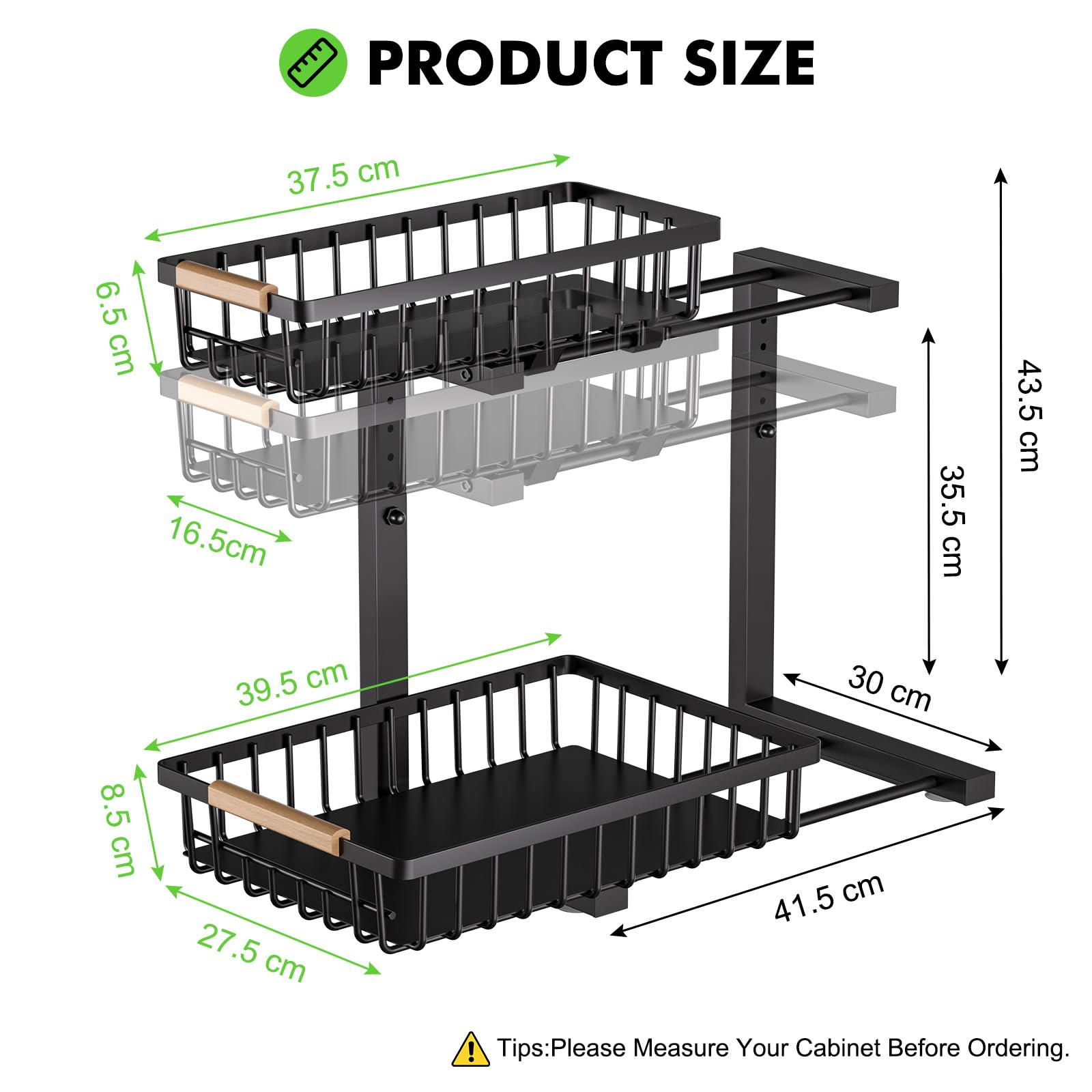 Accwork Lot de 2 Organisateurs Sous Évier Coulissants, Étagère de Rangement 2 Niveaux en L, Hauteur Réglable 35,5-43,5 cm, Paniers en Acier, pour Placard Cuisine, Salle de Bain, Buanderie