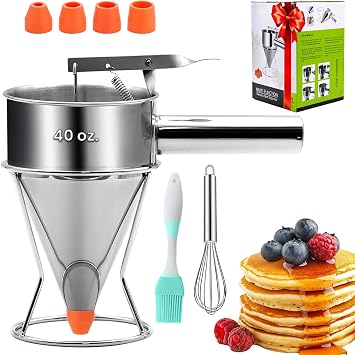40oz Pancake Batter Dispenser with Stand, Funnel Cake & Cupcake Pancake Dispenser for Batter, Multi-Caliber Nozzles for Waffles, Crepes & Icing Includes 4 Nozzles, Whisk & Brush