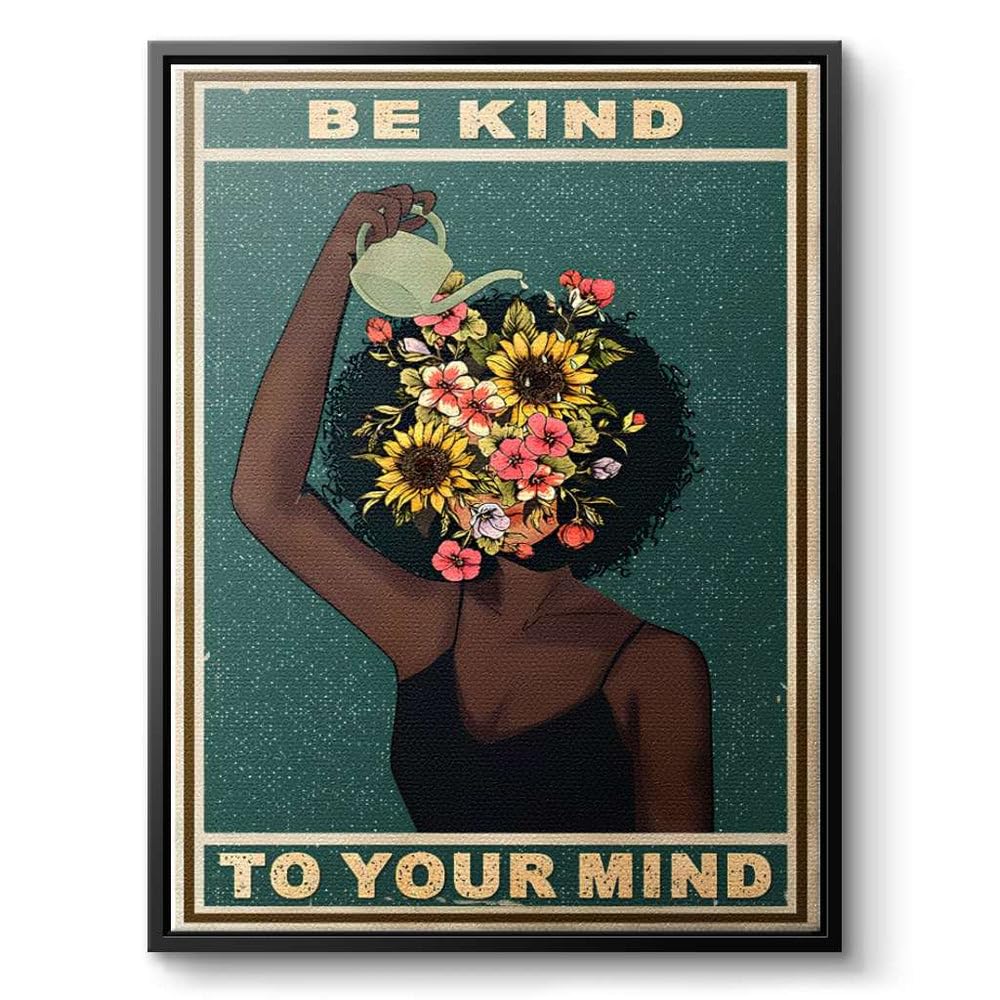 Be kind to your mind Poster, Achtsamkeit mentale Gesundheit Leinwand Bild, Retro Boho Wandbild in grün mit Blumen, Wohnzimmer Schlafzimmer Flur Wanddeko, positive Gedanken Selbstliebe Kunstdruck