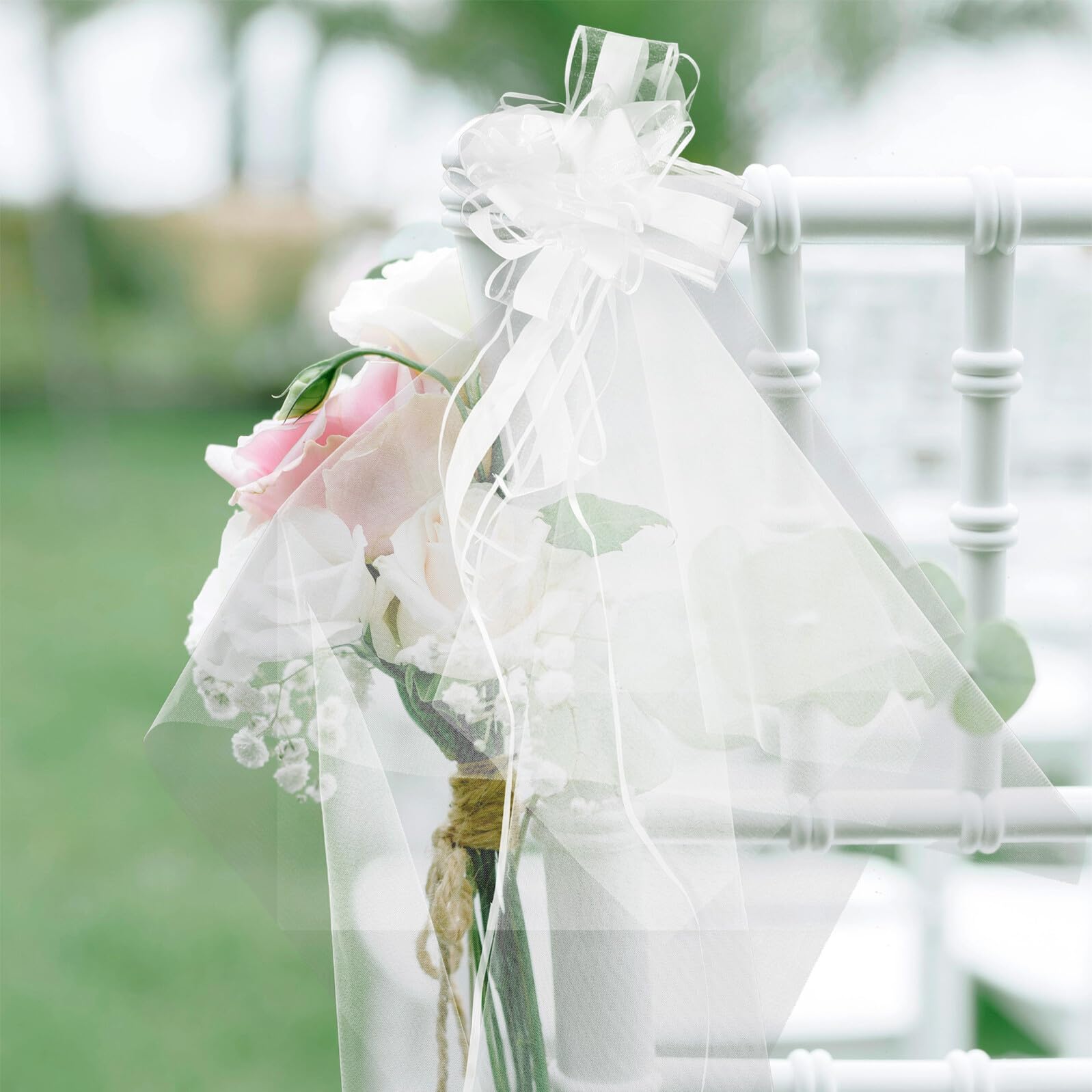 TOYANDONA Fiocco Grande per Matrimonio 12 Pezzi in Garza Bianca | Code Lunghe, per Banchi e Sedie nella Cerimonia, Adatto a Eventi All'aperto e Anniversario