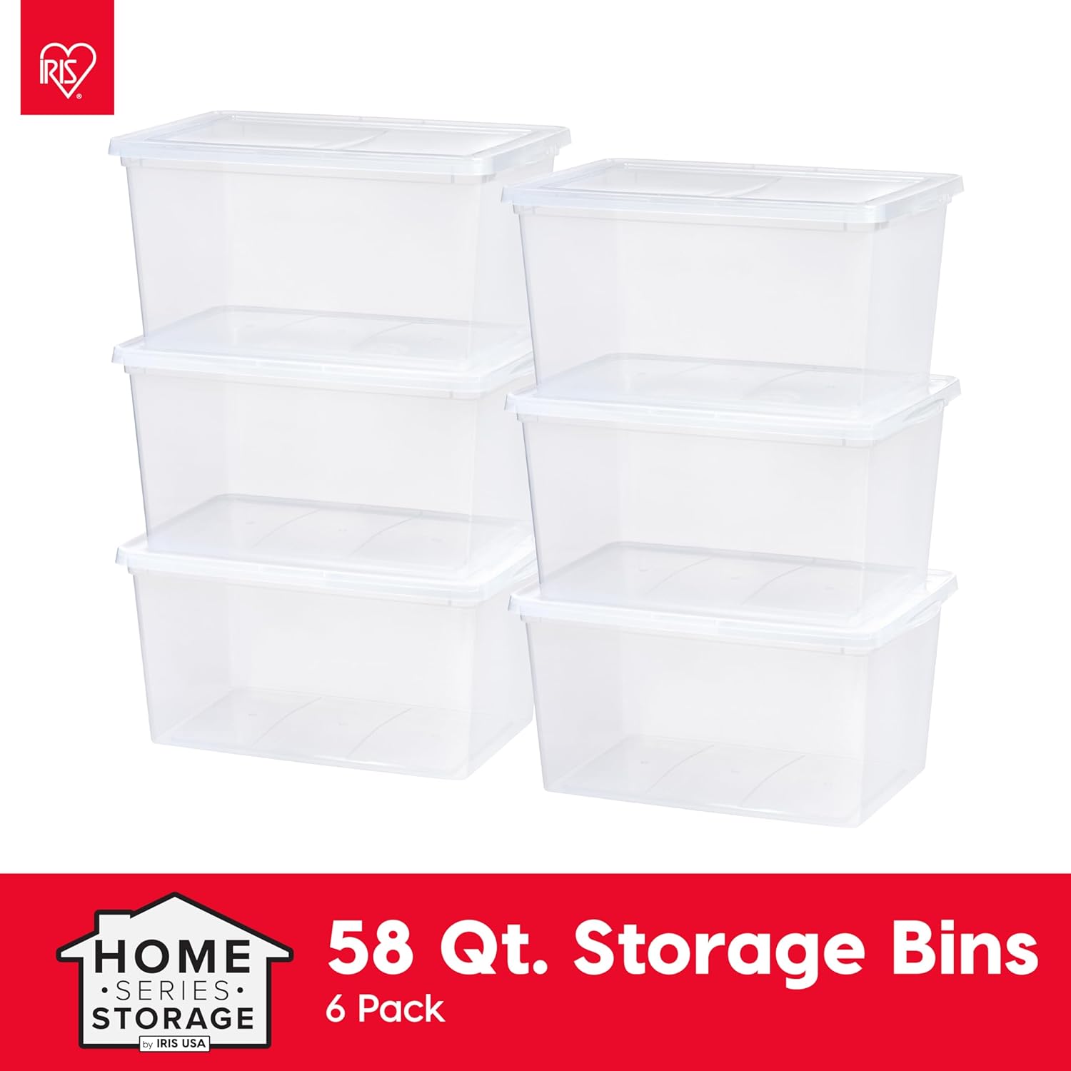 IRIS USA 6-Pack Storage Bins with Lids, 58 Quart, Clear Stackable Containers Box Organize Shoes Closet Shelves Clothes Blankets Towels - BPA-Free Plastic