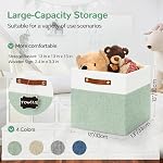 Patvingot 13 Inch Storage Cubes Bins with Bottom Boards and Leather Handles, Foldable Fabric Cube Storage Baskets,Linen Boxes Organizers for Home, Shelves, Closets (White/Green,6 Pack)