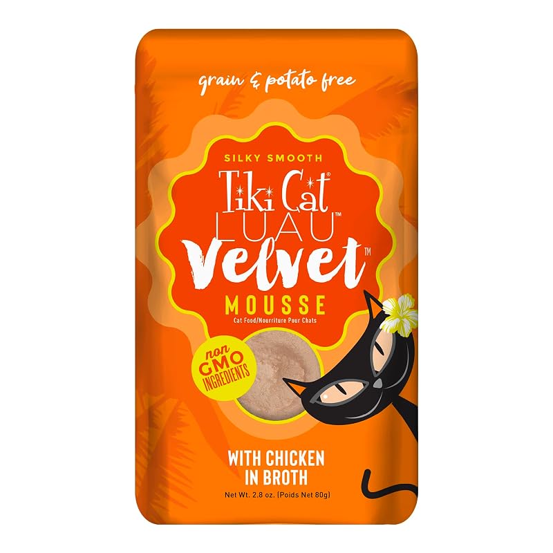 Ração úmida para gatos Tiki Cat Luau Velvet Mousse de frango TIKI PETS, 79 g – pacote com 12 sachês