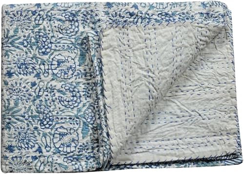 Miniatura 2 de Kantha Bedspreas - Colcha con estampado de bloques indios, tamaño Queen, manta Kantha Bedspreas de algodón puro (90 x 108 pulgadas, floral blanco)