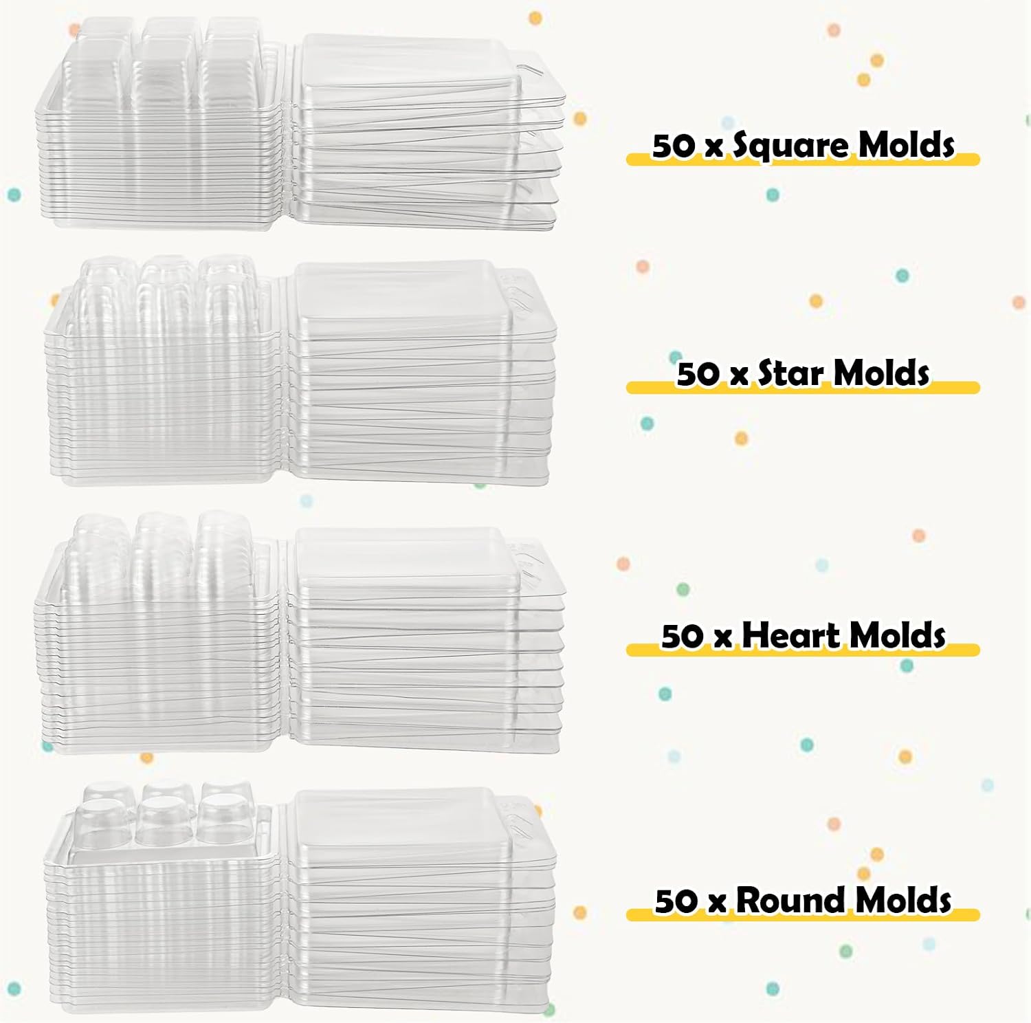 200 Pack 6 Cavity Plastic Wax Melt Containers Molds, Clear Wax Melt Cube Clamshells Empty Clam Shells for Wickless Tarts Wax Melts Candles, Square, Round, Heart, Star Shape